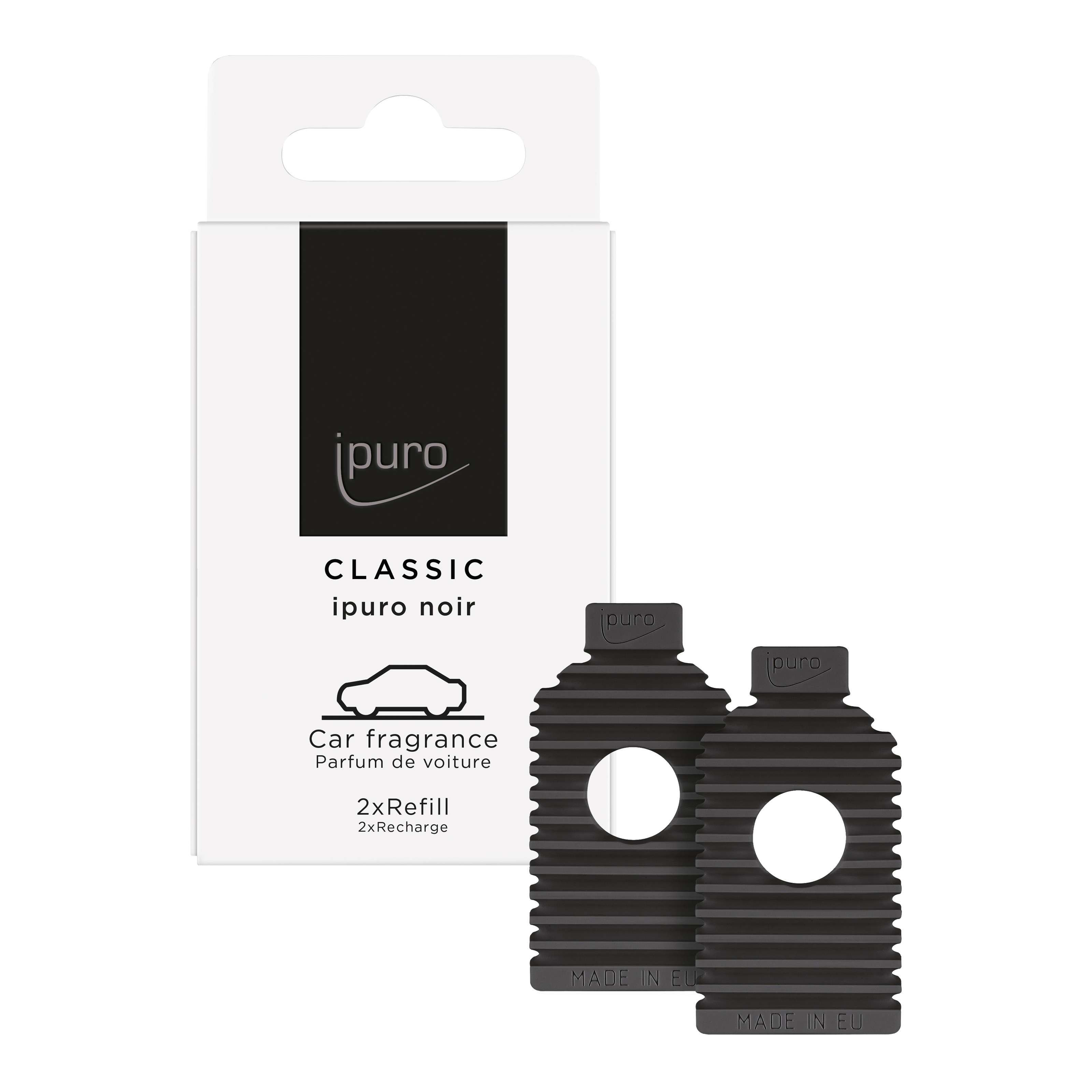 Eine weiße Schachtel mit der Aufschrift CLASSIC ipuro noir Autoduft Nachfüllpack von ipuro enthält zwei schwarze, gerippte Lufterfrischer-Nachfüllpacks mit den Noten von Rose und Sandelholz.