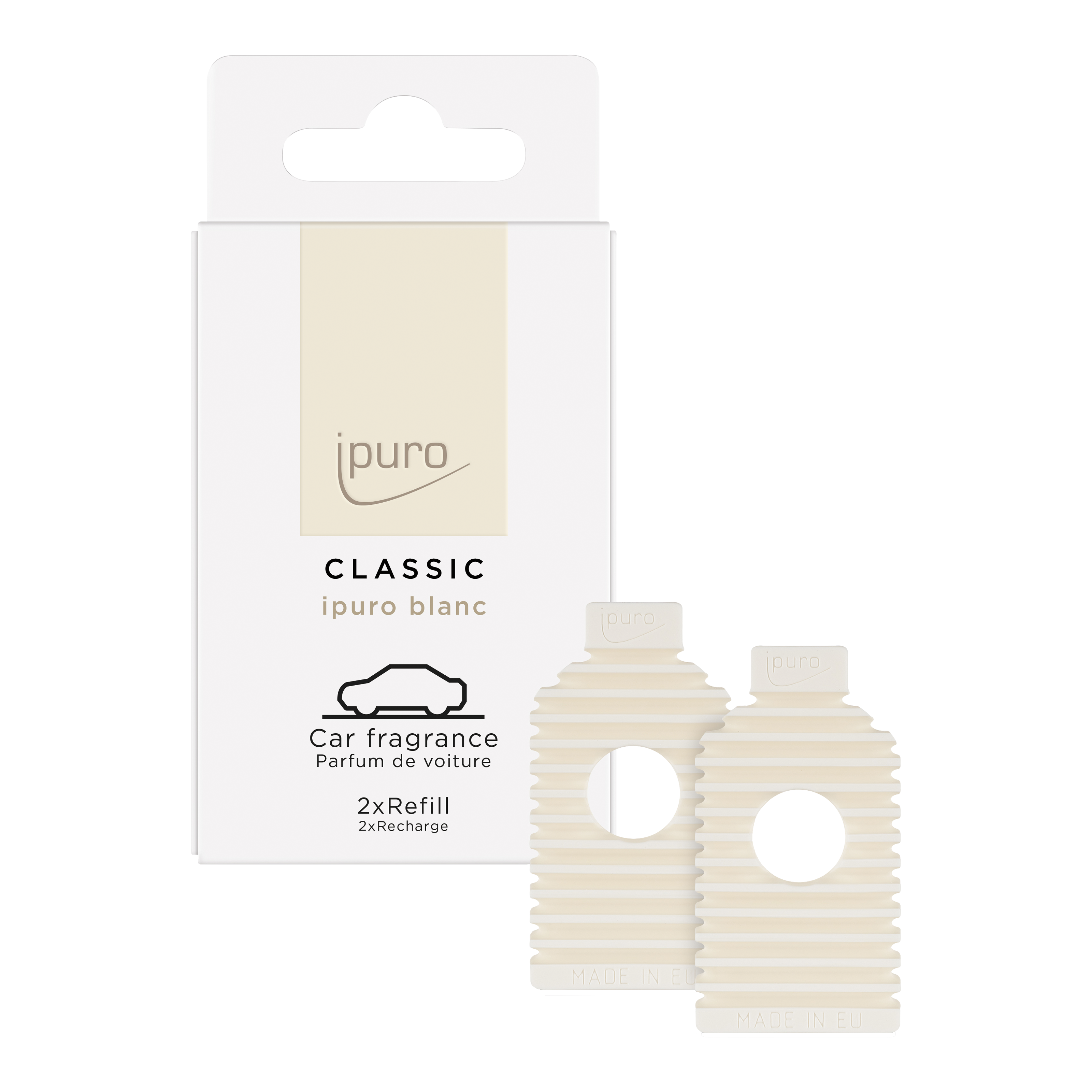 Hinter einer weißen Schachtel mit der Aufschrift ipuro CLASSIC ipuro blanc Autoduft Nachfüllpack verbergen sich zwei gerippte, cremefarbene Nachfüllpacks mit abgerundeten Kappen und ovalen Öffnungen, die frische Minze- und warme Sandelholznoten enthalten.