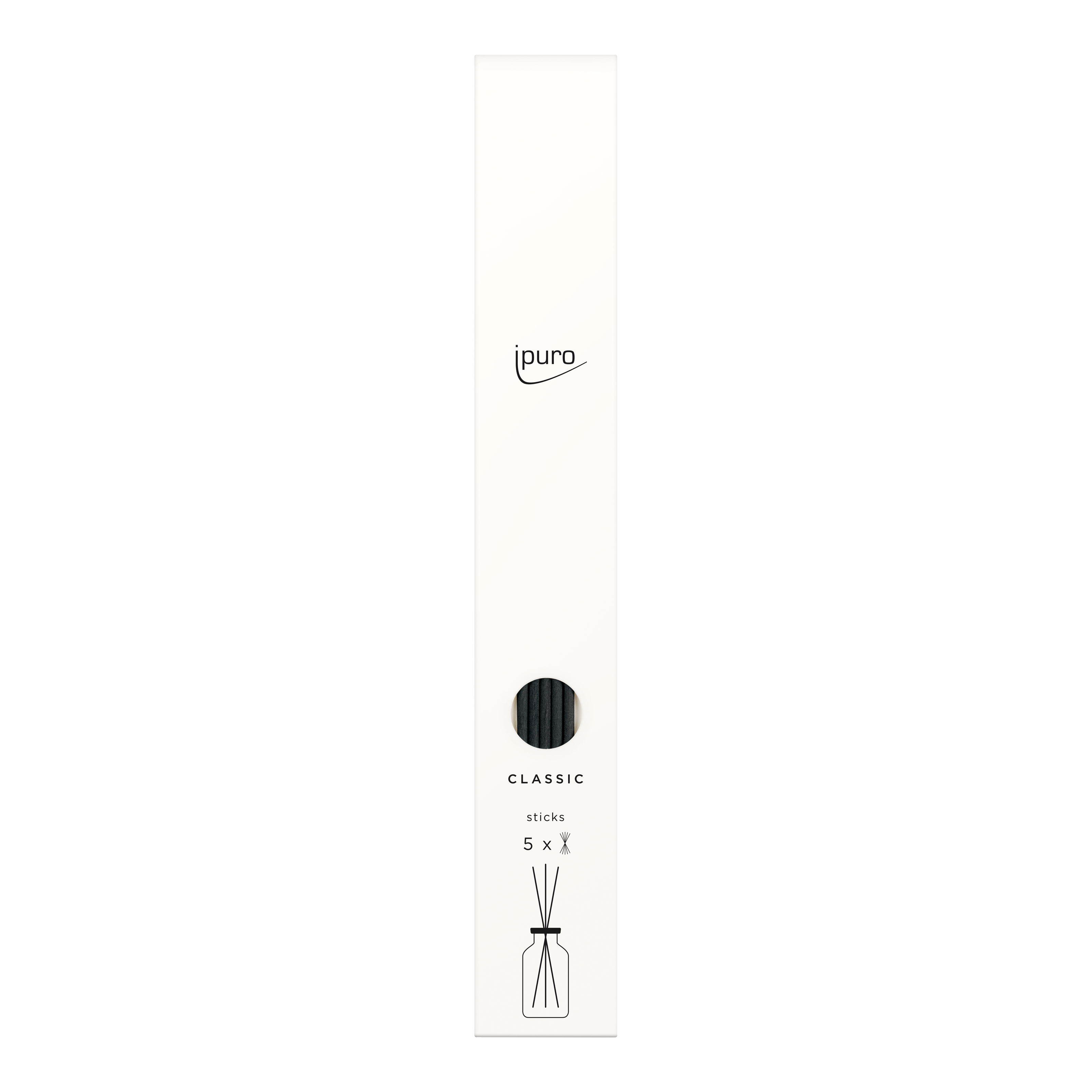 Die ipuro CLASSIC black Sticks für 240ml kommen in einer weißen, rechteckigen Schachtel mit minimalistischem schwarzem Text, einer Linienzeichnung einer Diffusorflasche und einem kleinen runden Fenster, das die schwarzen Sticks im Inneren zeigt.