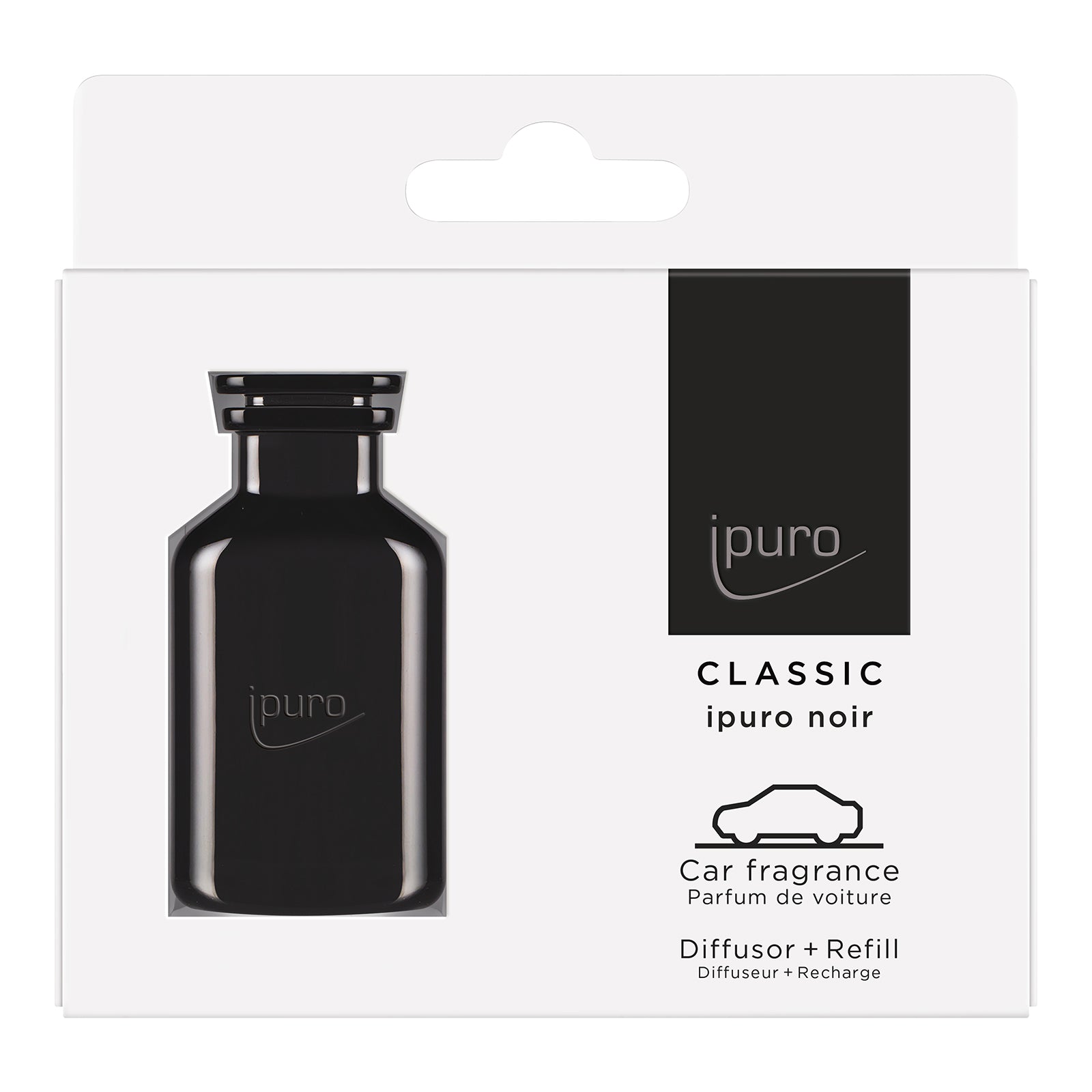 In einer weißen Schachtel befindet sich ein schwarzer ipuro Autoduft-Flakon mit der Aufschrift CLASSIC ipuro noir Autoduft-Set, mit Sandelholz-Duftnoten und Verpackungssymbolen/Text, die darauf hinweisen, dass es sich um einen Autoduft-Diffusor mit Nachfüllpackung handelt.