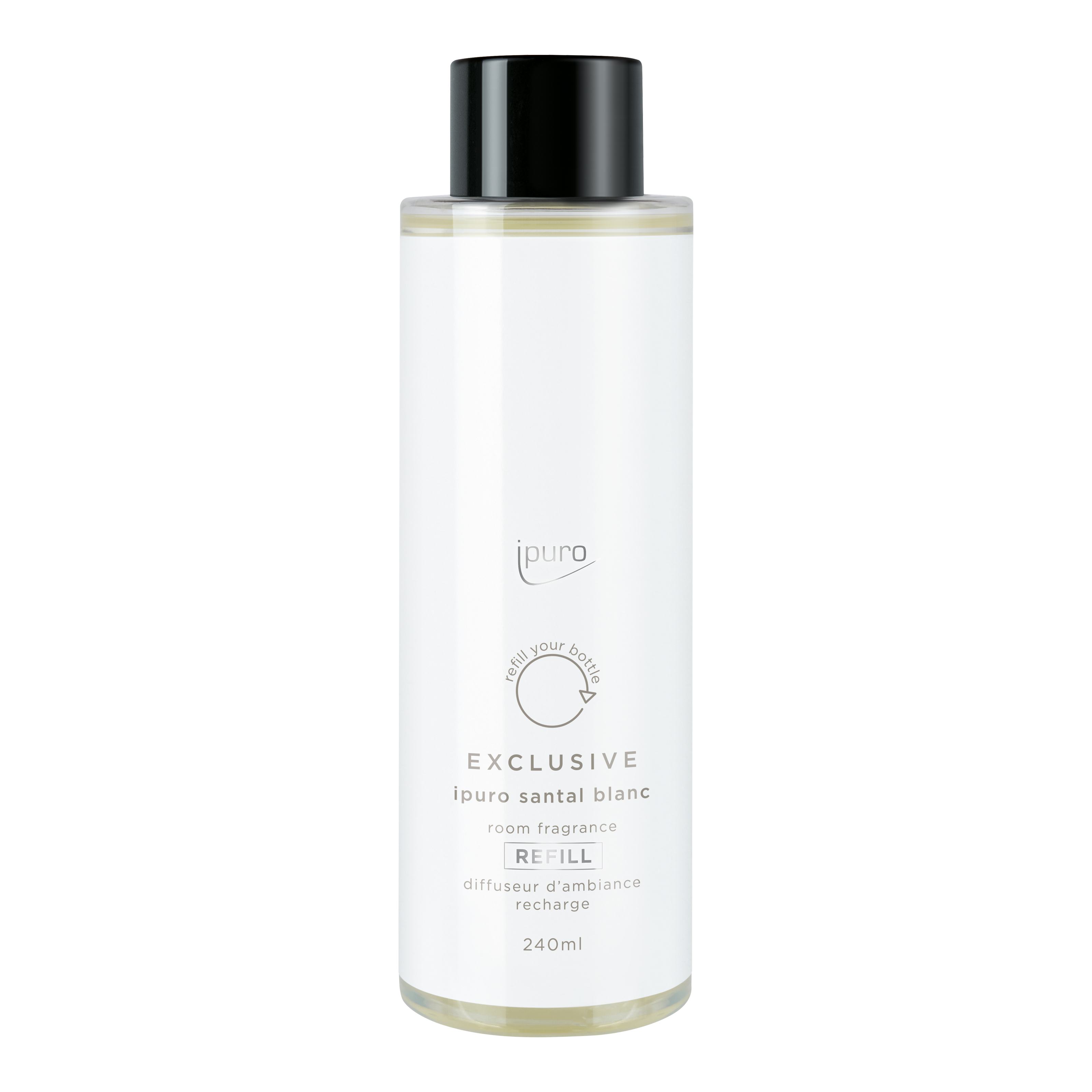 Eine durchsichtige Plastikflasche mit schwarzem Verschluss mit der Aufschrift ipuro EXCLUSIVE santal blanc Raumduft-Nachfüller, 240ml, von ipuro - mit Sandelholz- und Parfümnoten in minimalistischer schwarzer und grauer Schrift auf weißem Hintergrund.
