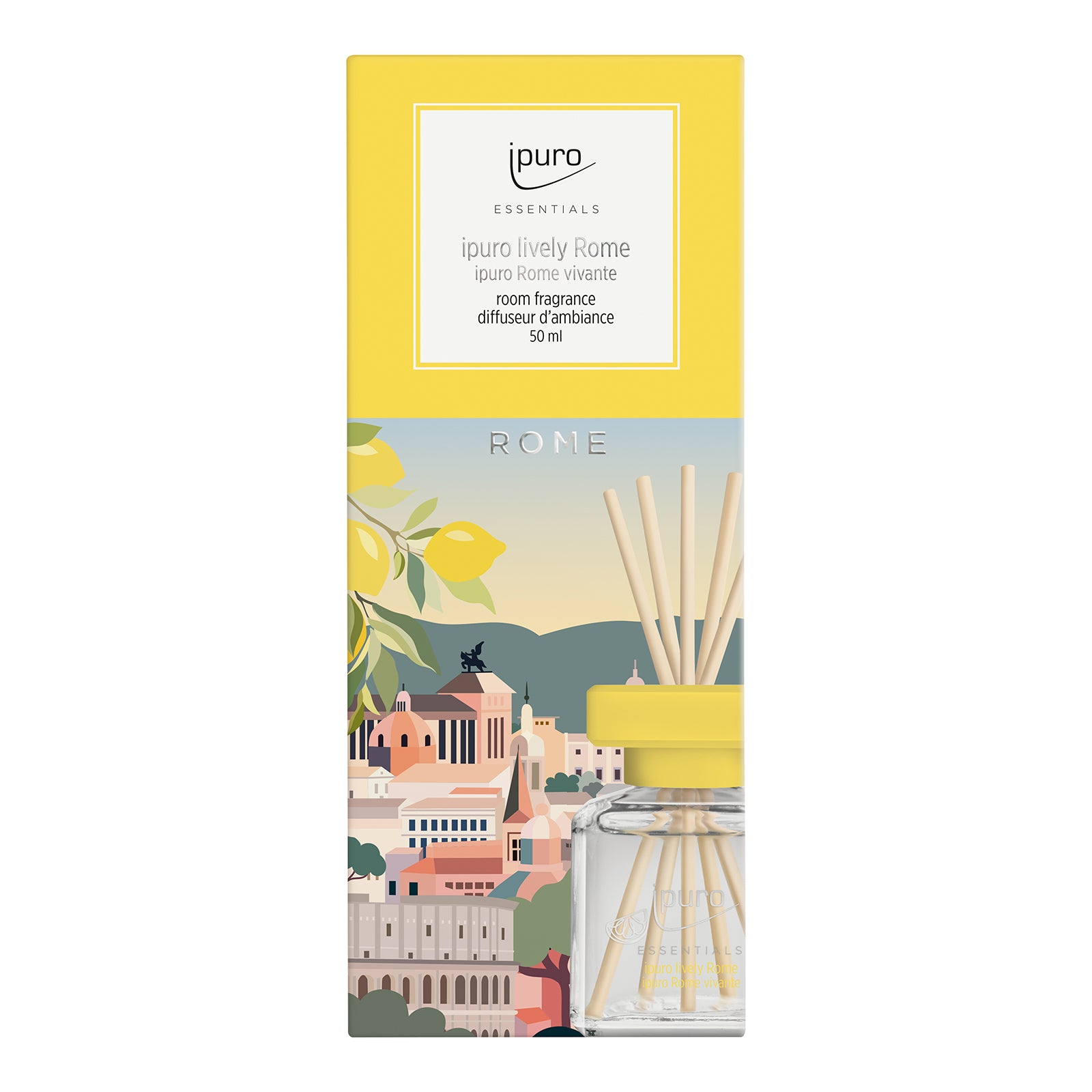 Der ESSENTIALS ipuro lively rome Raumduft von ipuro ist ein Raumduftzerstäuber mit Rohrstäbchen. Die Verpackung zeigt ein Stadtbild von Rom mit leuchtend gelben Akzenten und erinnert an den erfrischenden Duft von Limoncello für ein italienisch inspiriertes Aroma.