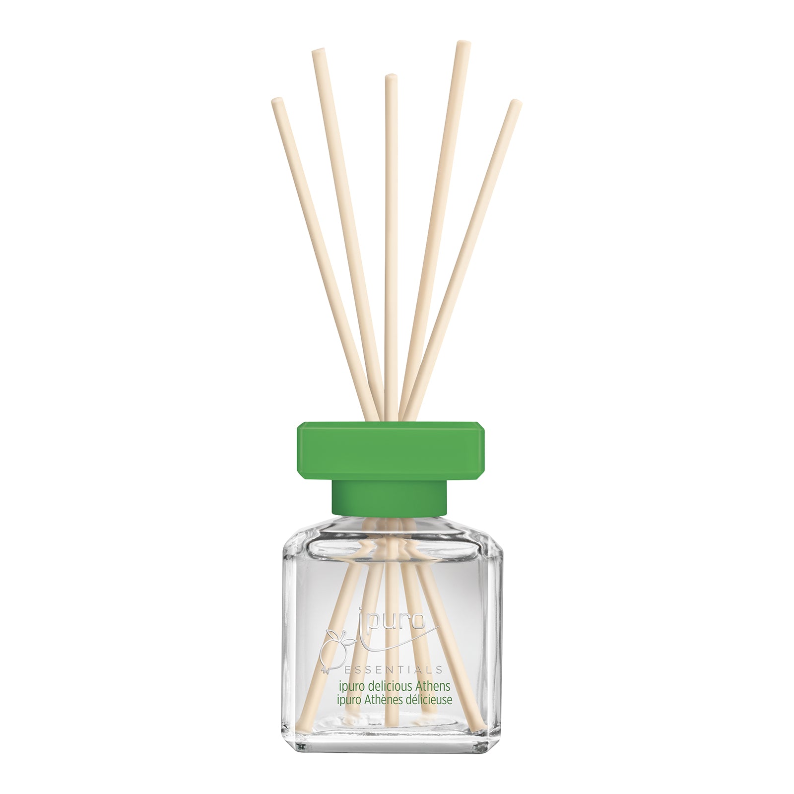 Ein klarer Glasdiffusor von ipuro, "ESSENTIALS ipuro delicious athens Raumduft", mit grüner quadratischer Kappe und Stäbchen, gefüllt für einen erfrischenden Duft.