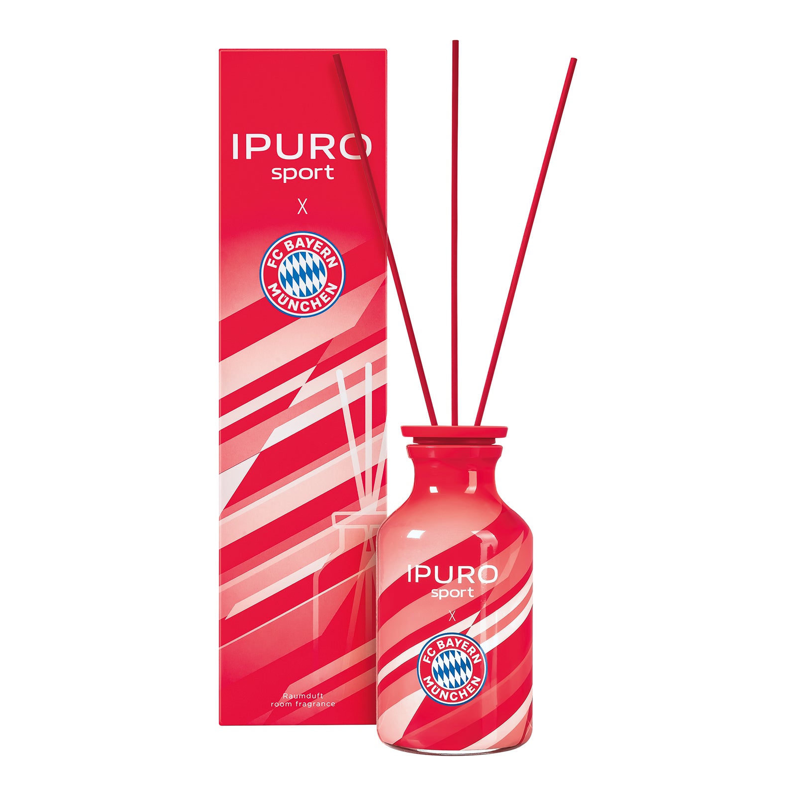 Ein roter IPURO Sport Diffusor mit drei roten Stäbchen, auf denen das Logo des FC Bayern München abgebildet ist. Hinter dem Flakon steht die passende rote Box mit weißen Diagonalstreifen, die ebenfalls das IPURO- und das FC Bayern München-Logo zeigt.