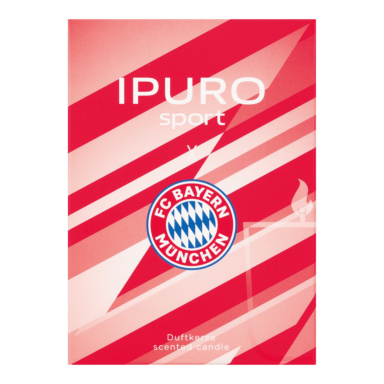 Auf einer rot-rosa Schachtel mit weißen Diagonalstreifen ist in der Mitte das ipuro x FC Bayern München Duftkerze-Logo zu sehen, darüber ipuro sport und darunter "Duftkerze".