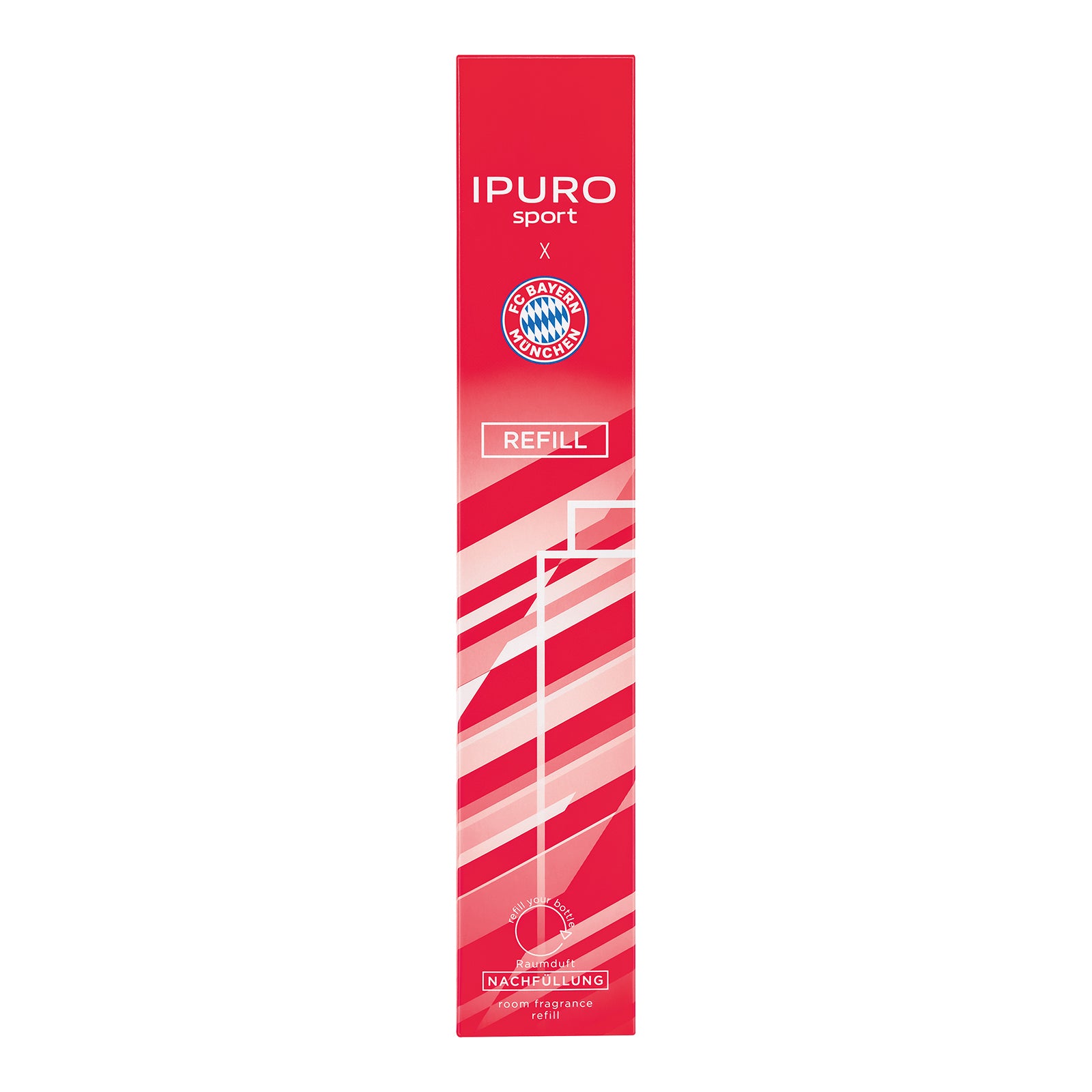 Die rote ipuro x FC Bayern München Raumduft Nachfüllpackung mit Vereinslogo, weißen Streifen und Produktinfos in weißer Schrift unterstreicht den maskulinen Sandelholzduft. Marke: ipuro.