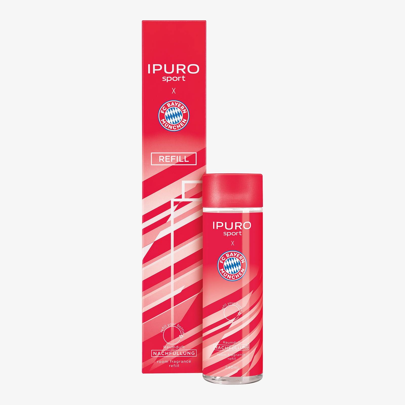 Der ipuro x FC Bayern München Raumduft Refill von ipuro kommt in einem roten Flakon mit weißen Diagonalstreifen und dem Duft-Logo, mit Text in Deutsch und Englisch. Ideal für Fans, die Herrenduft mit einem Hauch von Sandelholz Parfum mögen.