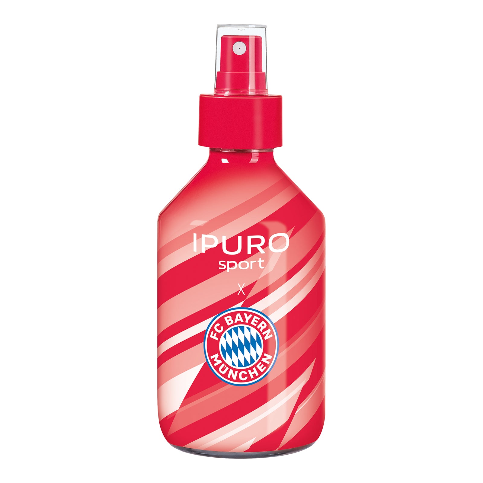 Das ipuro x FC Bayern München Raumspray von ipuro ist ein roter Sprühflakon mit weißen Diagonalstreifen und der Aufschrift "Sport", auf dessen Vorderseite der Duft des FC Bayern München und das Vereinslogo abgebildet sind.