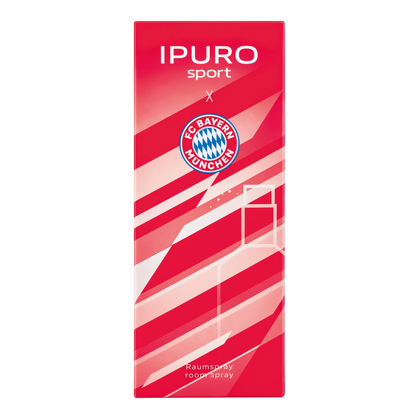 Das ipuro x FC Bayern München Raumspray von ipuro kommt in einer rechteckigen Verpackung in Rot und Pink mit dem FC Bayern München Duft-Logo, Diagonalstreifen und weißem Text - ein idealer Herrenduft für echte Fans.
