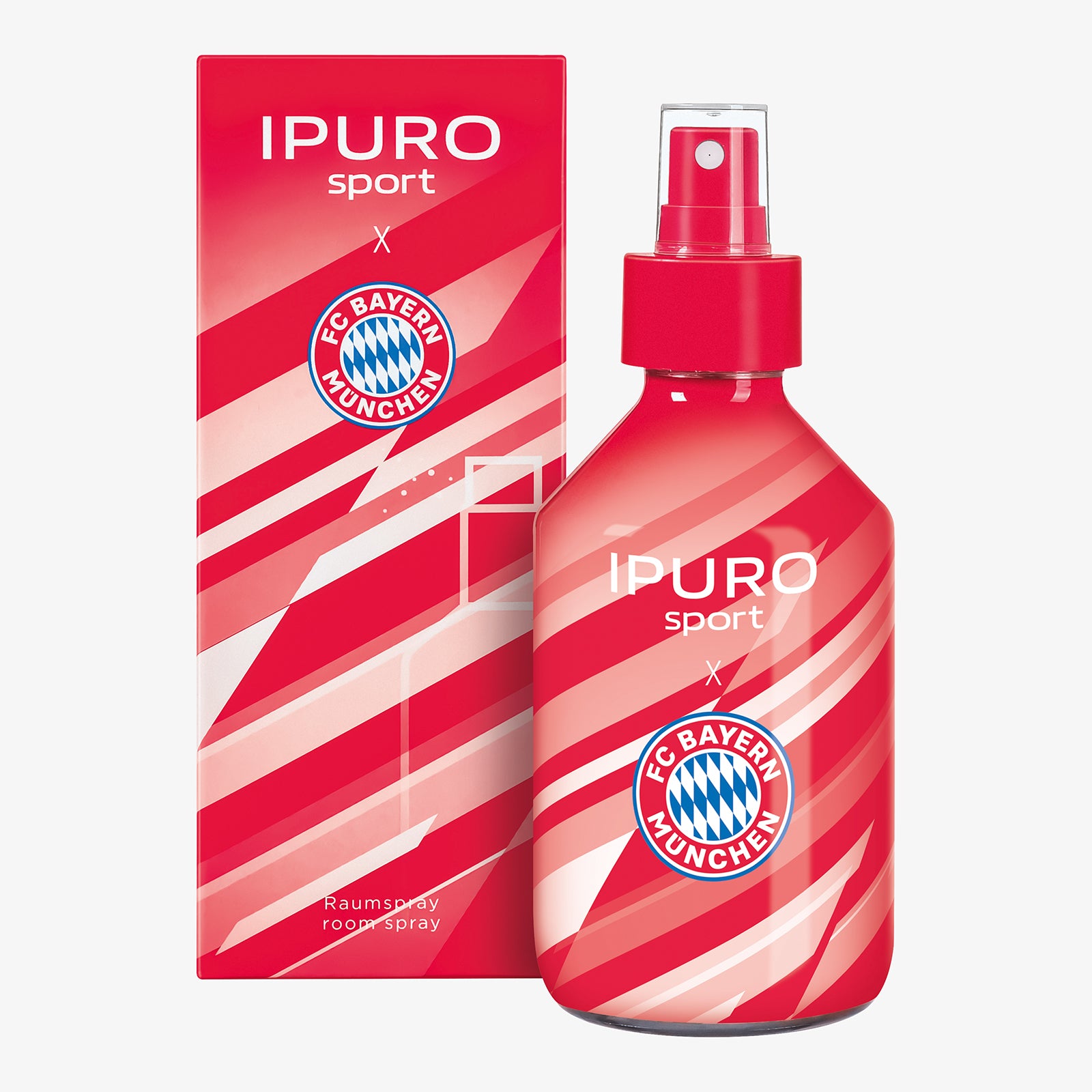 Das ipuro x FC Bayern München Raumspray hat einen roten Flakon und eine rote Box mit weißen Streifen und dem Vereinslogo - ideal für Fans, die einen frischen, sportlichen Duft von ipuro suchen.