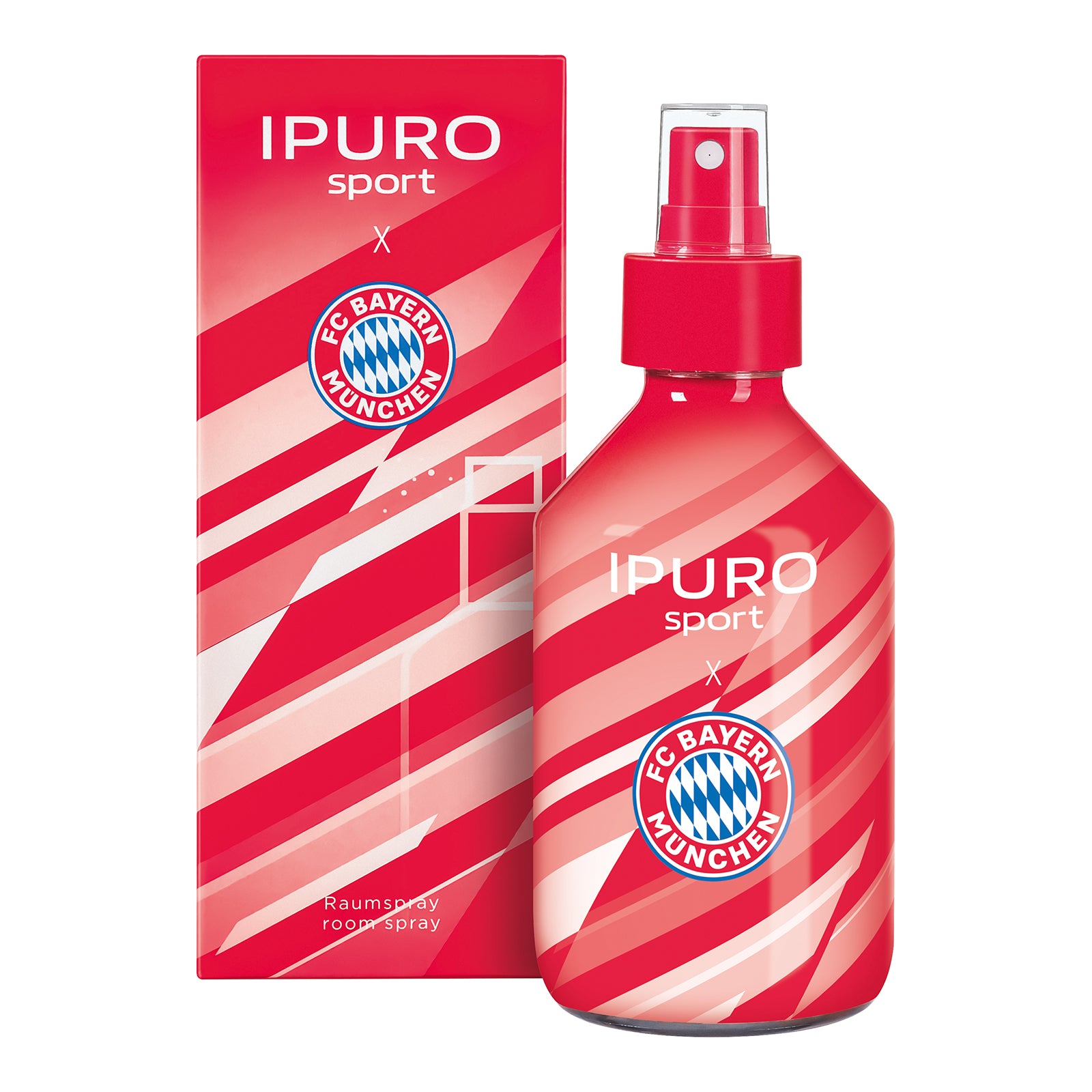 Rote Flasche und Schachtel von Ipuro Sport Raumspray mit dem Logo des FC Bayern München, mit diagonalen weißen Streifen auf der Verpackung und der Flasche.