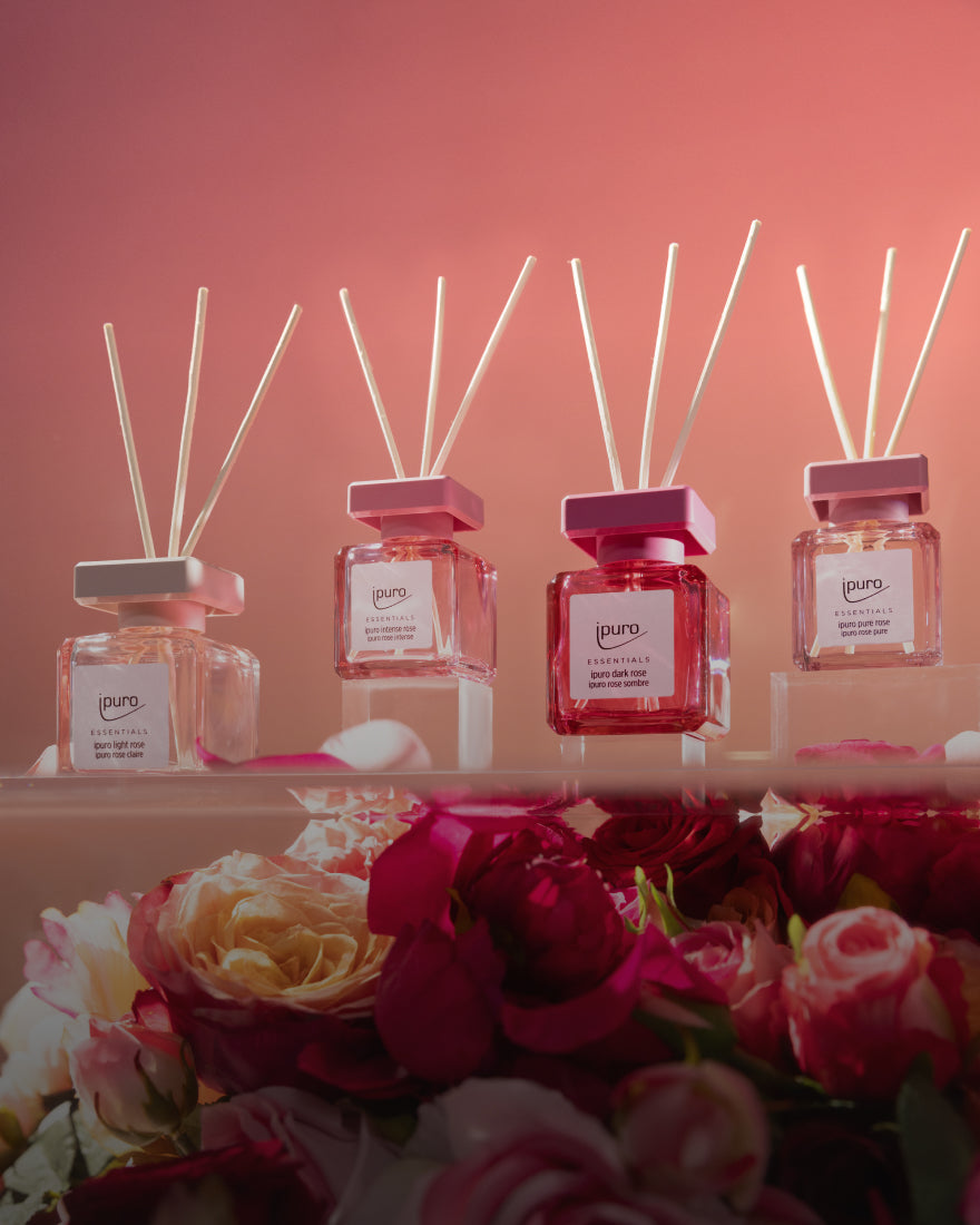 Vier Diffusoren mit rosafarbener Flüssigkeit und Stäbchen sind auf einem durchsichtigen Regal ausgestellt, mit verschiedenen rosafarbenen und weißen Blumen im Vordergrund und einem Hintergrund mit warmem rosa Farbverlauf.