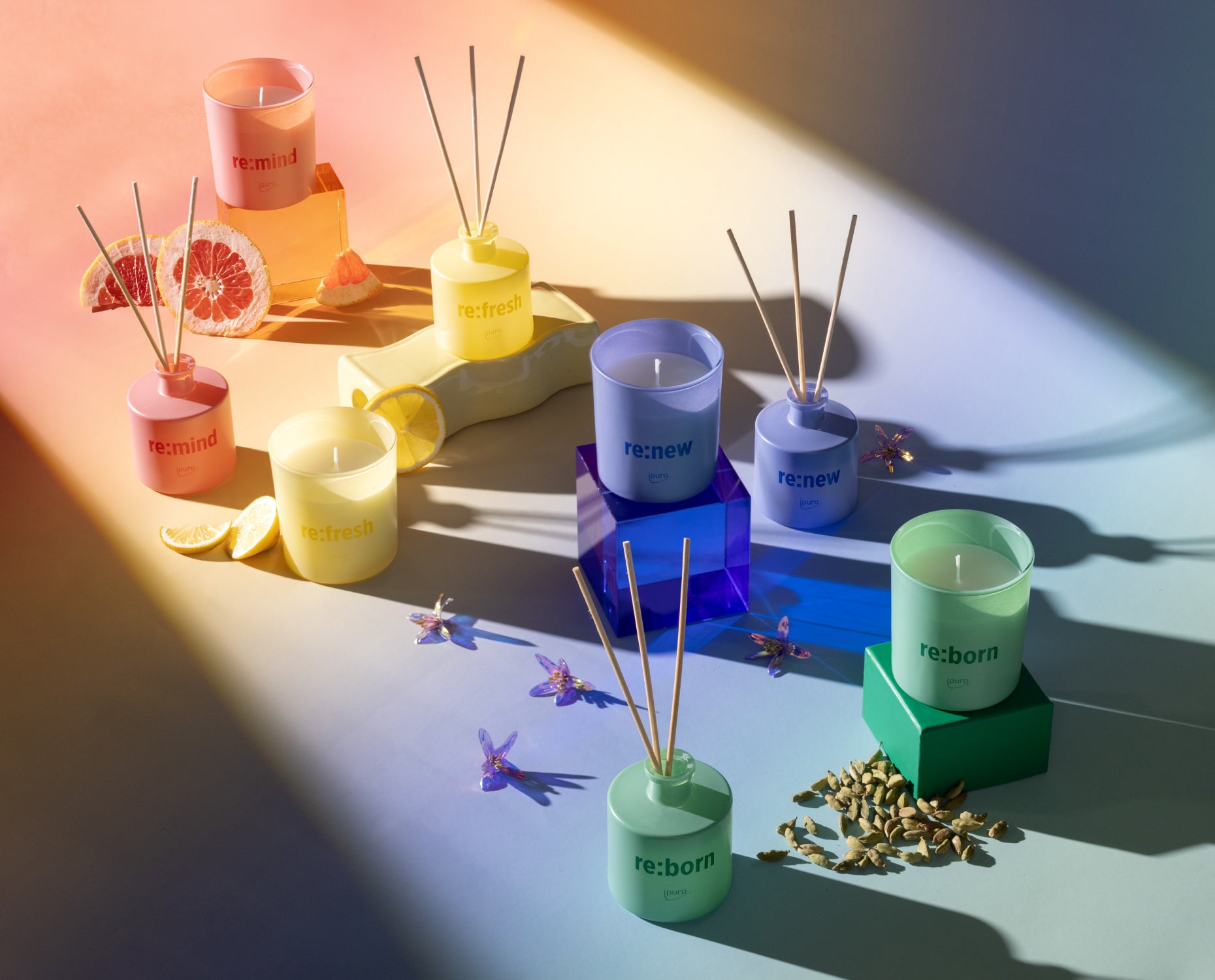 Ein farbenfrohes Arrangement aus Duftkerzen und Rohrdiffusoren mit den Aufschriften remind, refresh, renew und re:born, umgeben von Fruchtscheiben, Kardamomschoten und dekorativen Blumen auf einer regenbogenfarbenen Fläche.