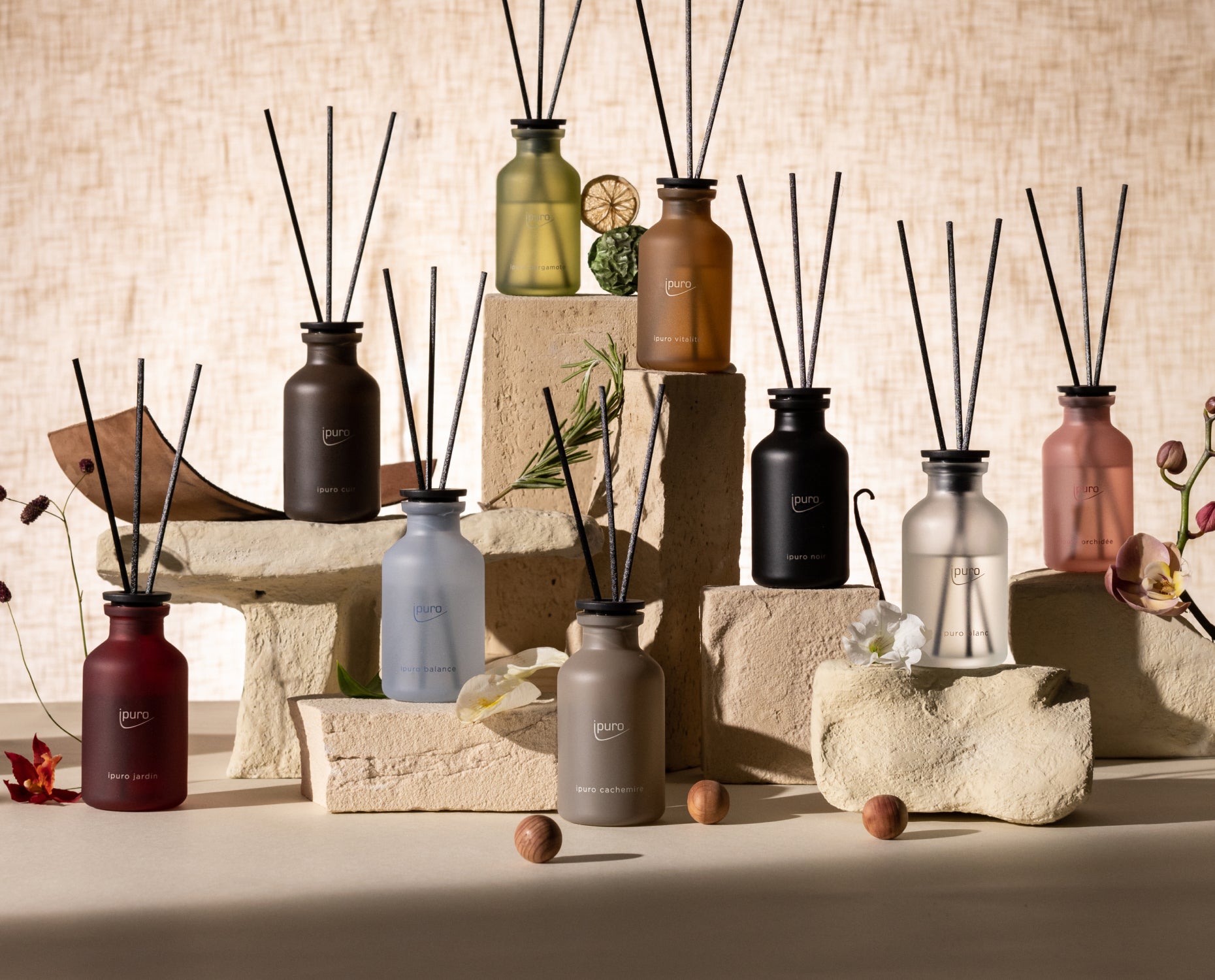 Ein Display mit farbenfrohen Schilfdiffusoren in gefrosteten Flaschen, die auf beigefarbenen, strukturierten Blöcken angeordnet sind, umgeben von natürlichen Elementen wie Holz, Blumen, Blättern und dekorativen Steinen, vor einem neutralen Hintergrund.