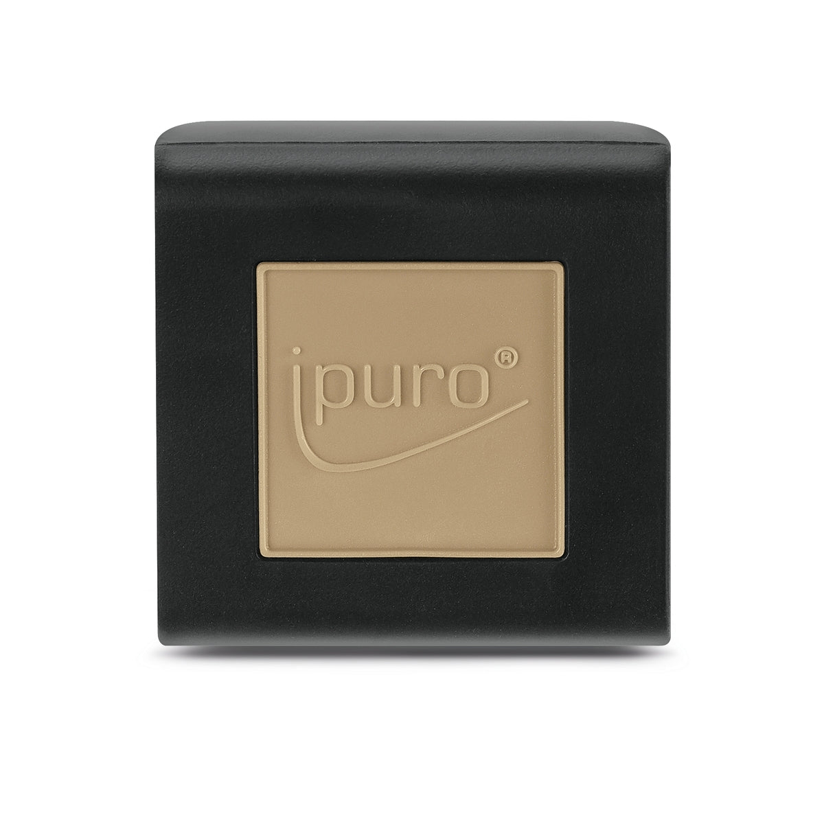 Der ESSENTIALS ipuro Zedernholz Autoduft von ipuro kommt in einem schwarzen, quadratischen Behälter mit einem beigen Einsatz, auf dem "ipuro" und eine geschwungene Linie eingeprägt sind, ideal für Fans von holzigen Düften wie Sandelholz und Zedernholz.