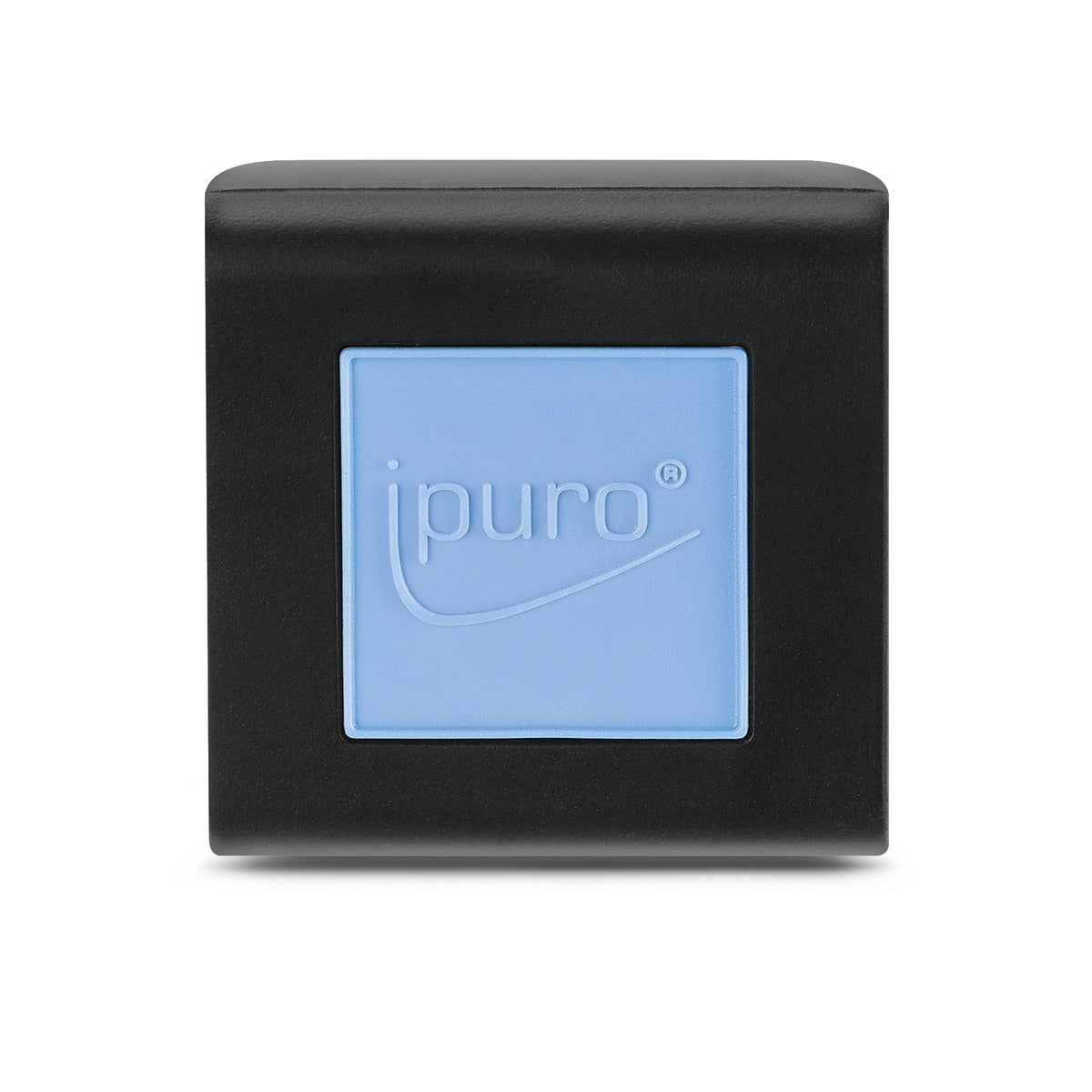Ein schwarzer quadratischer ESSENTIALS ipuro Baumwollfelder Autoduft Lufterfrischer von ipuro, mit einer hellblauen Mitte mit dem geprägten ipuro-Logo, auf weißem Hintergrund.