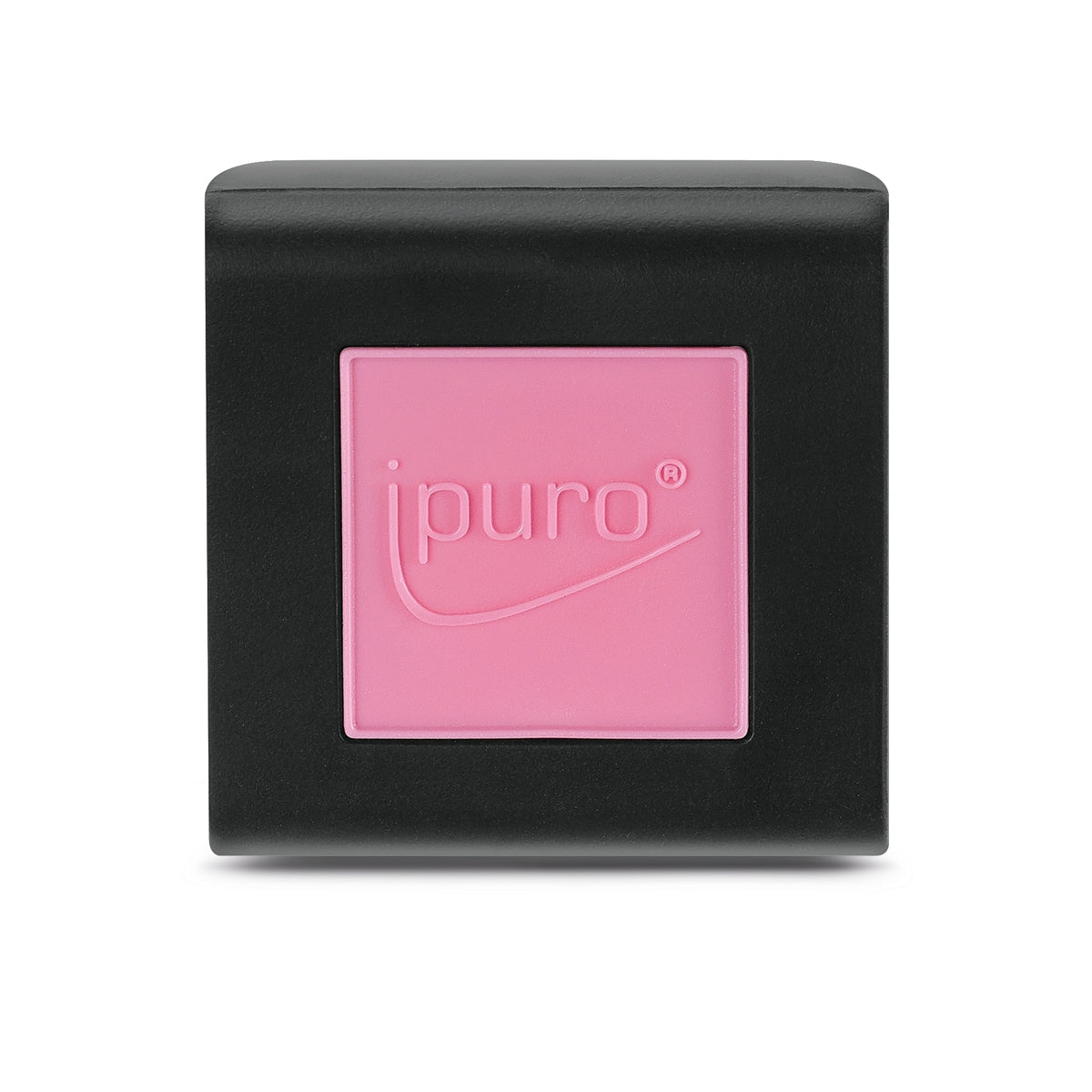 Die ESSENTIALS ipuro Blumenschale Autoduft von ipuro ist ein schwarzes, quadratisches Gefäß mit einem rosafarbenen Zentrum, in das der Schriftzug ipuro" und eine geschwungene Linie eingeprägt sind, die an den blumigen Duft von Maiglöckchen auf weißem Hintergrund erinnern.