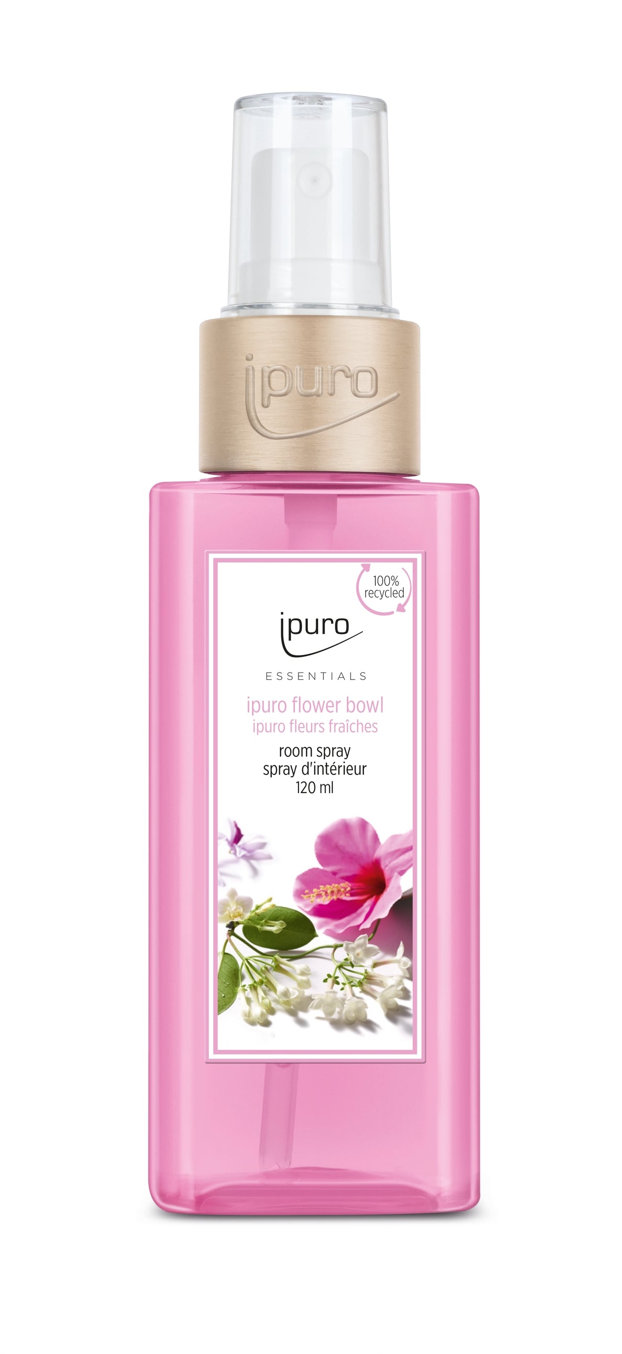 Das ESSENTIALS ipuro flower bowl Raumspray von ipuro kommt in einer rosafarbenen 120 ml Flasche mit beiger Kappe, floralem Etikett und enthält blumige Noten von Maiglöckchen und Mandarine. Verpackt in 100% recyceltem Material.