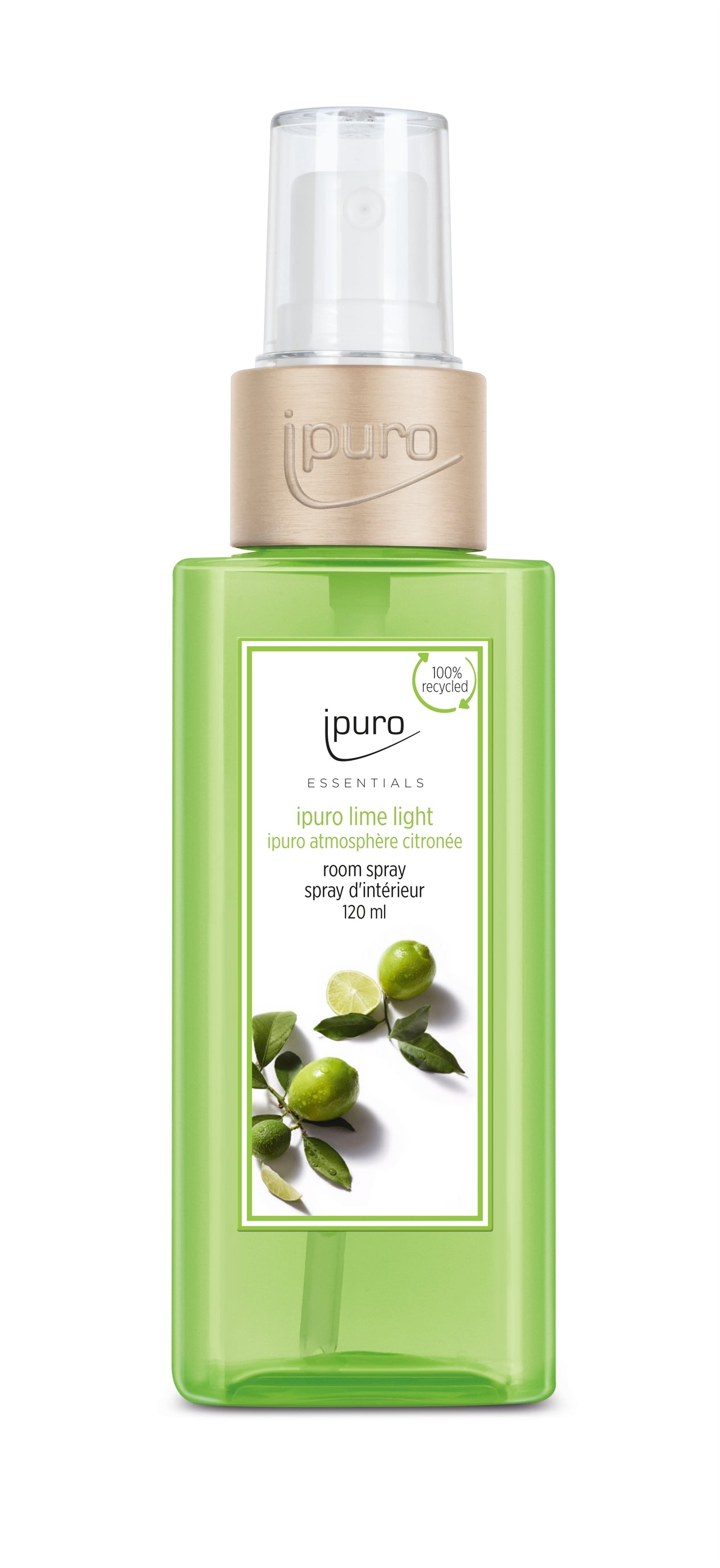 A green bottle of ESSENTIALS ipuro lime light Raumspray (120 ml) with a silver cap, label showing lime leaves, and info. Scent blends Orangenblüte and Zitronengras. Made from 100% recycled material.