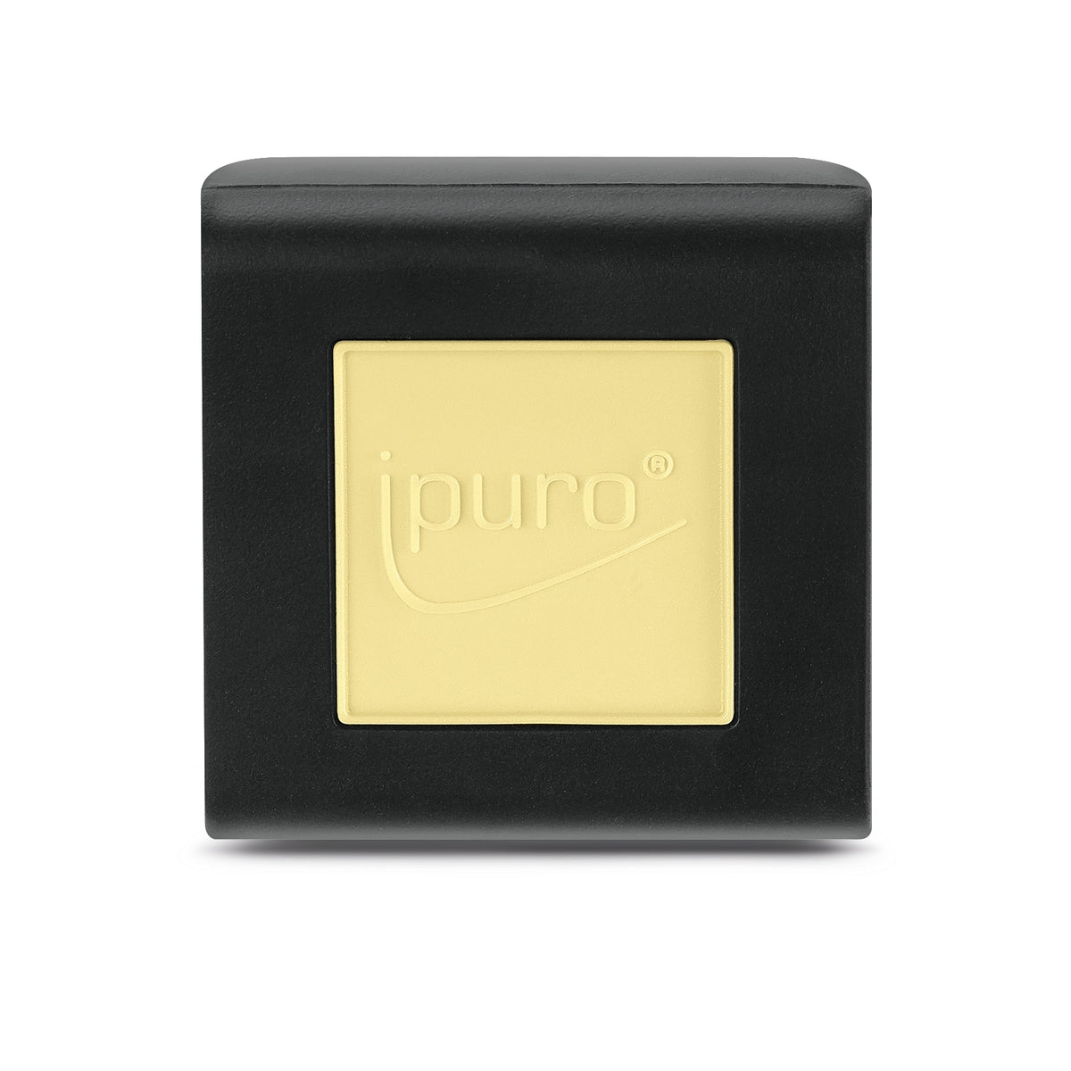 Der ESSENTIALS ipuro soft vanilla Autoduft von ipuro ist eine schwarze, rechteckige Schachtel mit einem vertieften gelben Quadrat in der Mitte, auf dem der Text ipuro" und ein geschwungenes Logo eingeprägt sind, das Noten von Vanille und Sandelholz verströmt.