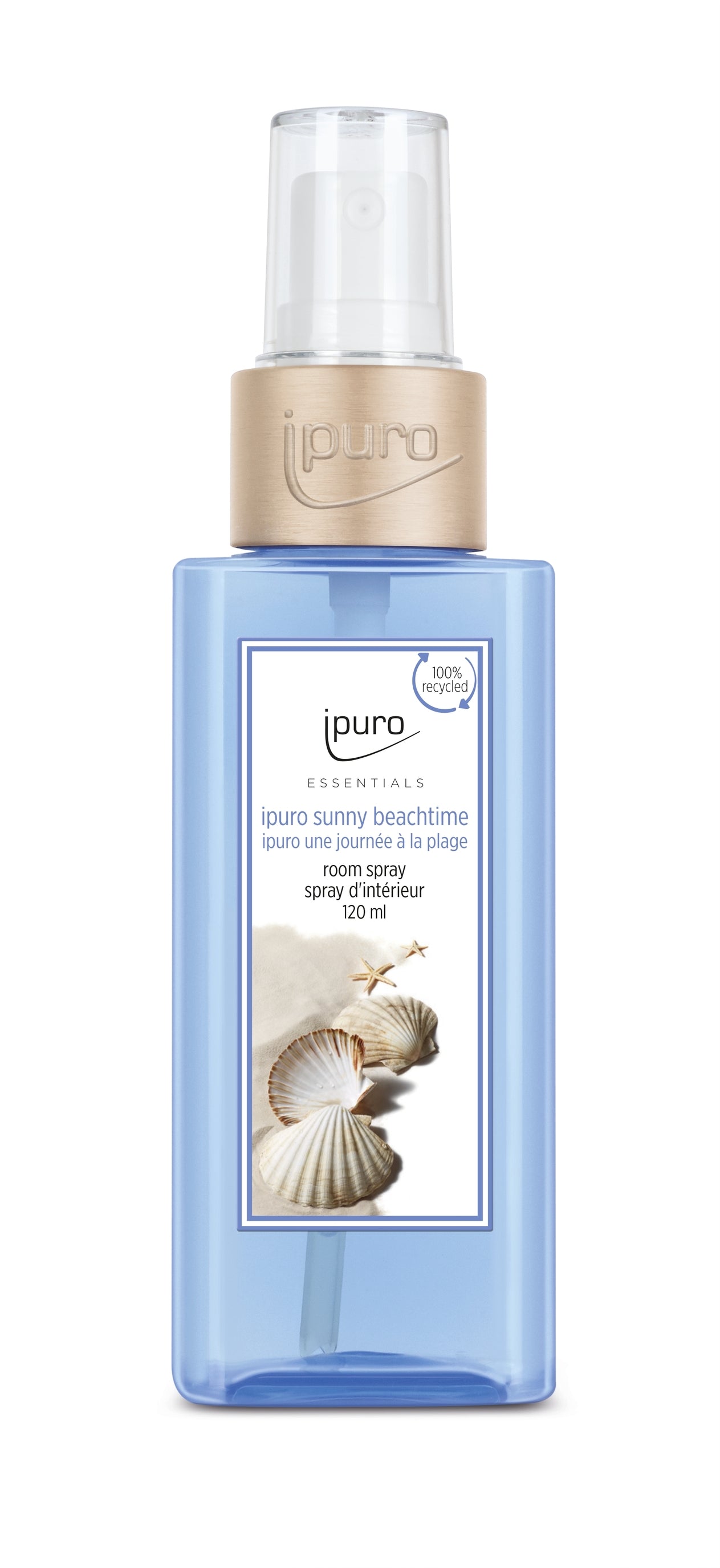 Der blaue 120-ml-Sprühflakon des Raumsprays ipuro ESSENTIALS sunny beachtime mit beigefarbener Kappe und Muschelmotiv. Das Parfum der Marke ipuro verleiht Ihrem Raum einen Hauch von weißem Moschus und Strandatmosphäre.
