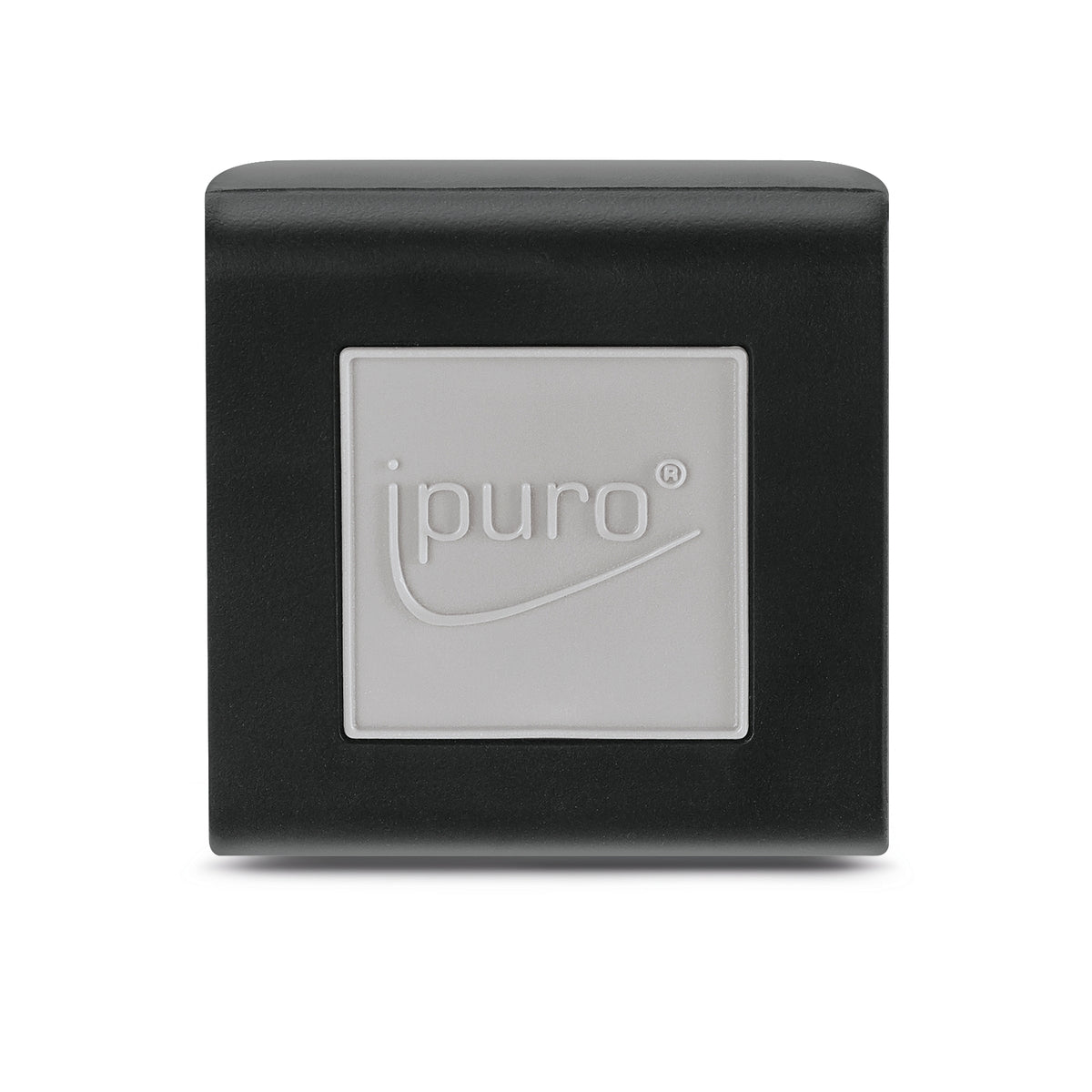 Der schwarze, quadratische ESSENTIALS ipuro white lily Autoduft von ipuro hat in der Mitte eine graue Platte mit dem ipuro-Logo und einer geschwungenen Linie - ideal, um Ihren Raum mit dem zarten Duft der weißen Lilie zu erfüllen.