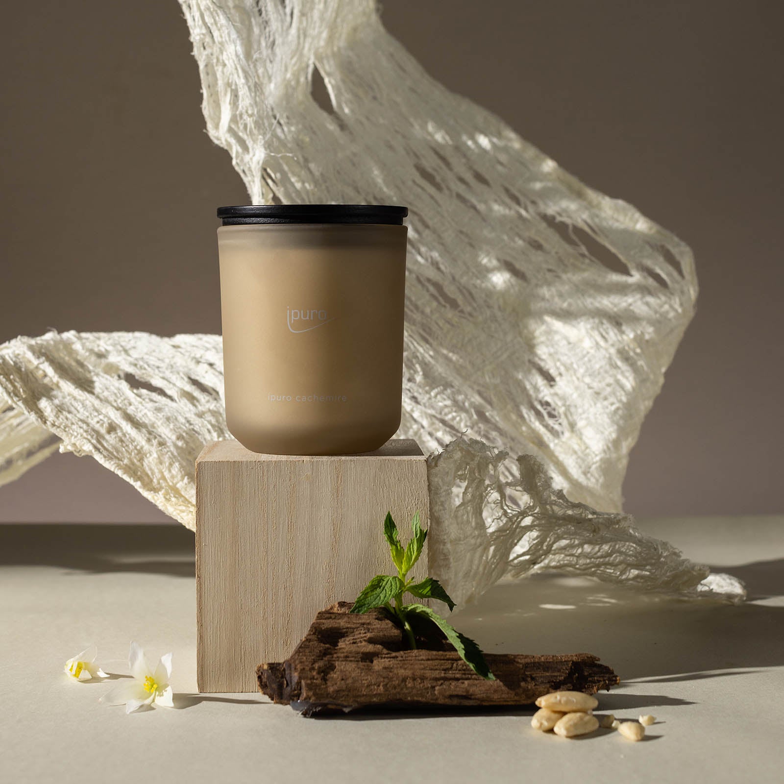 Die CLASSIC ipuro cachemire Duftkerze von ipuro, eine hellbraune Glaskerze mit schwarzem Deckel, steht auf Holz inmitten von Minzblättern, weißen Blüten, Holzstücken und Bohnen. Noten von Zedernholz und Rose unterstreichen die Szene auf dem strukturierten weißen Stoff.