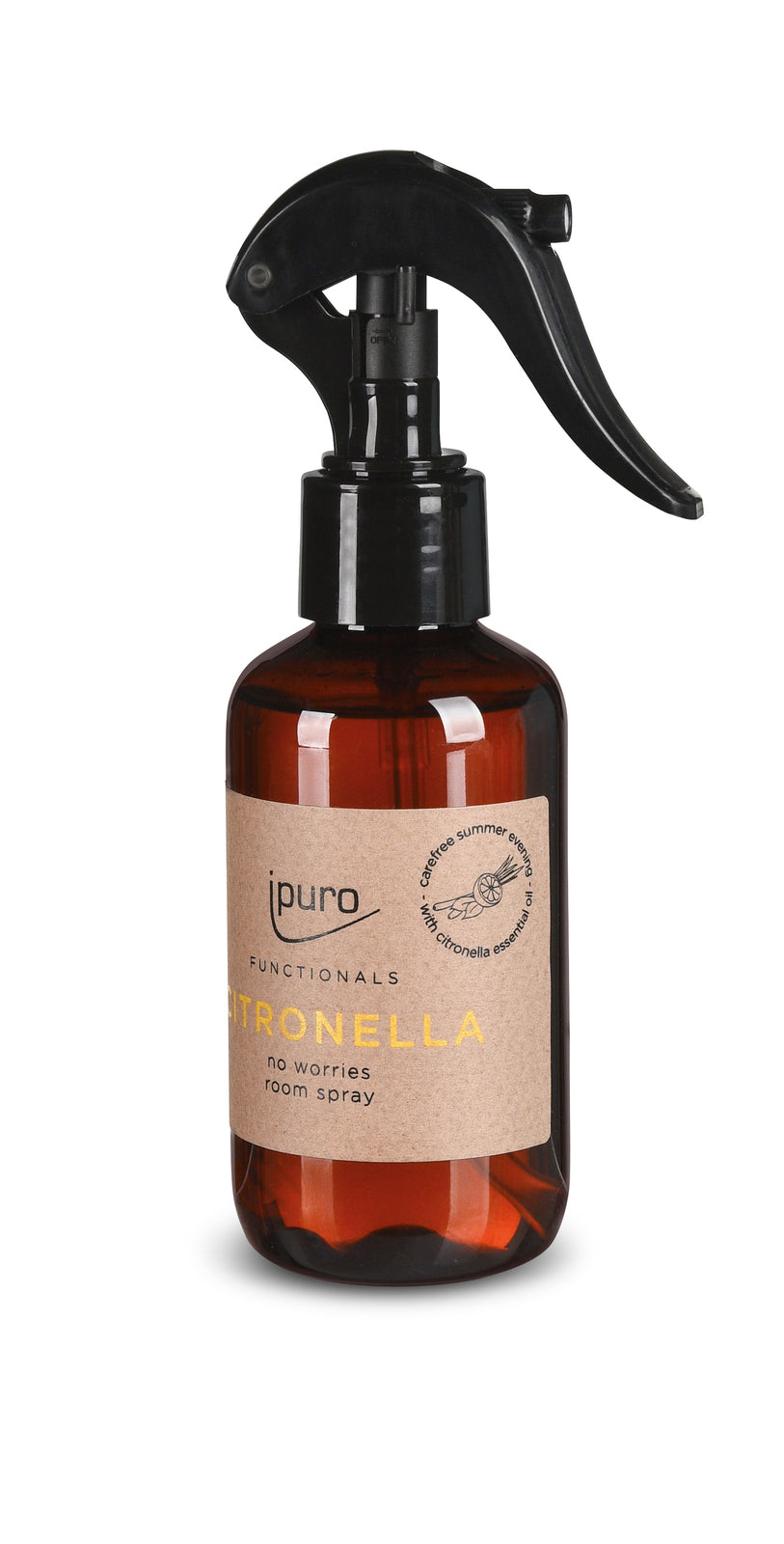 Das ipuro FUNCTIONALS citronella Raumspray 150ml ist eine braune Kunststoffflasche mit schwarzer Auslösetülle und braunem Etikett, die eine erfrischende Zitronengrasnote für Ihren Raum liefert.