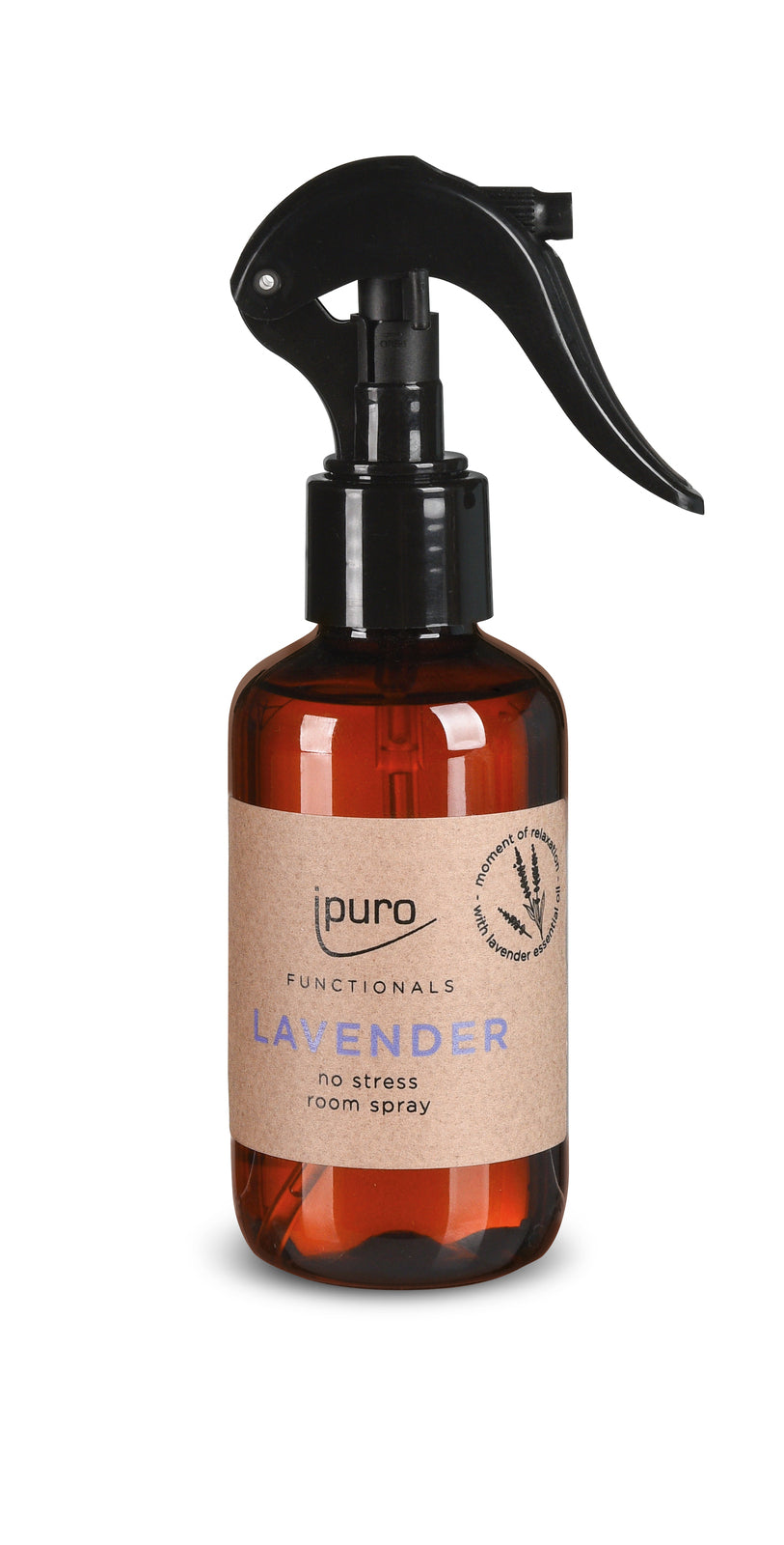 Ein braunes 150ml ipuro FUNCTIONALS Lavendel Raumspray mit schwarzem Auslöser und beigem Etikett ist auf weißem Hintergrund abgebildet und erfüllt Ihren Raum mit einem entspannenden Lavendelduft.