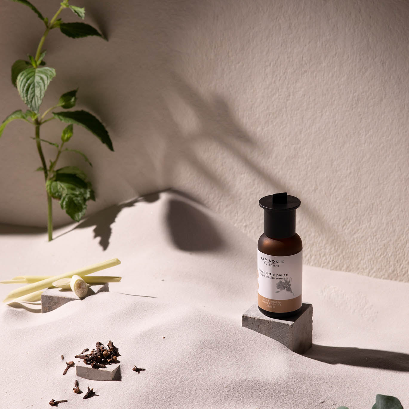 Eine braune Flasche AIR SONIC ipuro little pause Duftöl von ipuro steht auf einem Betonblock in weißem Sand, umgeben von Nelken, Zitronengras und Minze; ein sanfter Schatten fällt auf eine beigefarbene, strukturierte Wand.