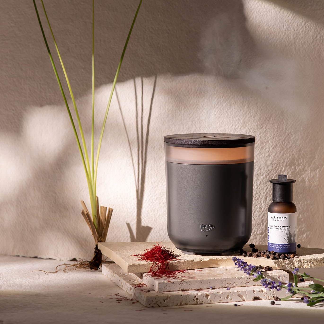 Eine AIR SONIC ipuro Aromakerze Elektrischer Aroma-Diffusor von ipuro verströmt Nebel auf gestapelten Fliesen, neben einer Flasche Duftöle, getrockneten Blumen und einer Pflanze vor einem hellbeigen Hintergrund mit weichem Sonnenlicht und sanften Schatten.
