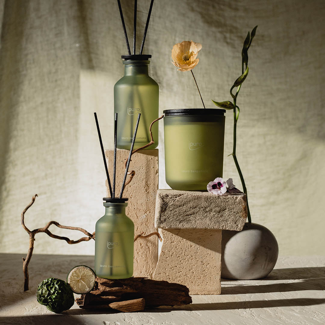 Drei grüne CLASSIC ipuro bergamote Raumduft-Diffusoren von ipuro und eine Kerze stehen auf beigen Steinblöcken, umgeben von getrockneten Blumen, einer Limette und einem Zweig, die frische asiatische Noten und Zitronengras für ein natürlich beruhigendes Ambiente hervorrufen.