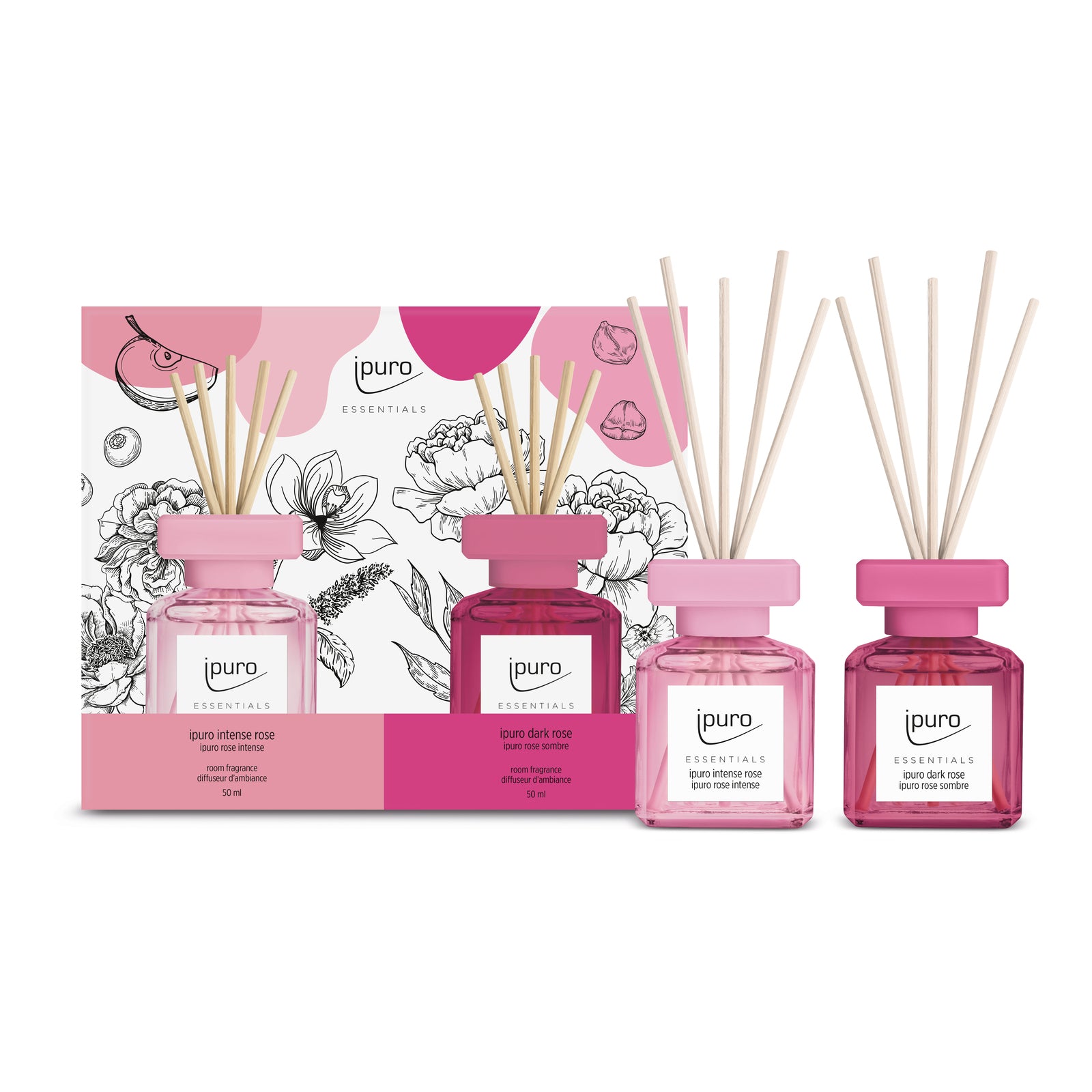 Drei rosafarbene Glasdiffusoren stehen neben der ipuro ESSENTIALS intense rose & dark rose Raumduft-Set-Box mit floralen Motiven und rosa Akzenten für ein Dufterlebnis von ipuro.