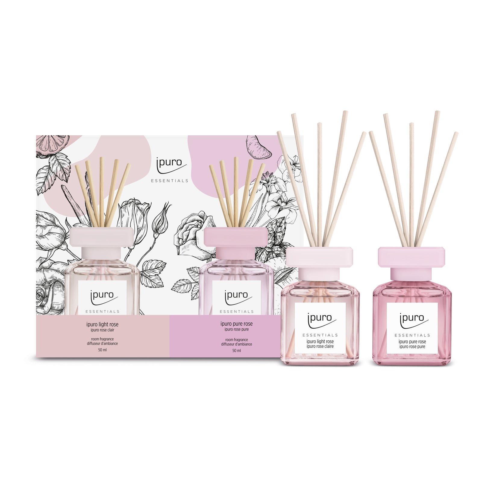 Das ESSENTIALS ipuro light rose & pure rose Raumduft-Set von ipuro enthält zwei Blumendüfte mit rosafarbener Flüssigkeit und Holzstäbchen, die mit ihren Pastellfarben und eleganten Blumendesigns für ein herrliches Dufterlebnis sorgen.