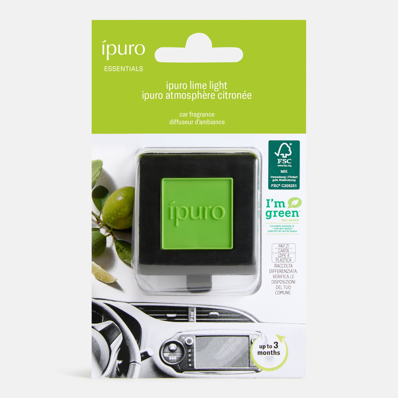 Der Autoduft ipuro Limette light ist mit einem grün-schwarzen Diffusor, umweltfreundlichen Etiketten und Bildern von Limetten auf dem Hintergrund des Armaturenbretts ausgestattet, die für zusätzliche Frische sorgen.