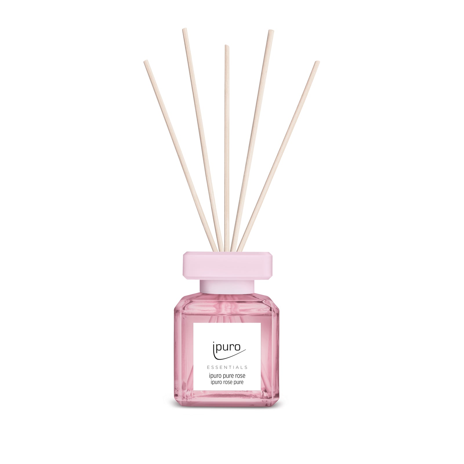 Eine rosafarbene Glasflasche von ipuro ESSENTIALS, ein reiner Rosendiffusor mit einem raffinierten Duft. Fünf natürliche Schilfrohre sind eingelegt, und das Etikett zeigt die Marke ipuro und den Namen des Duftes.