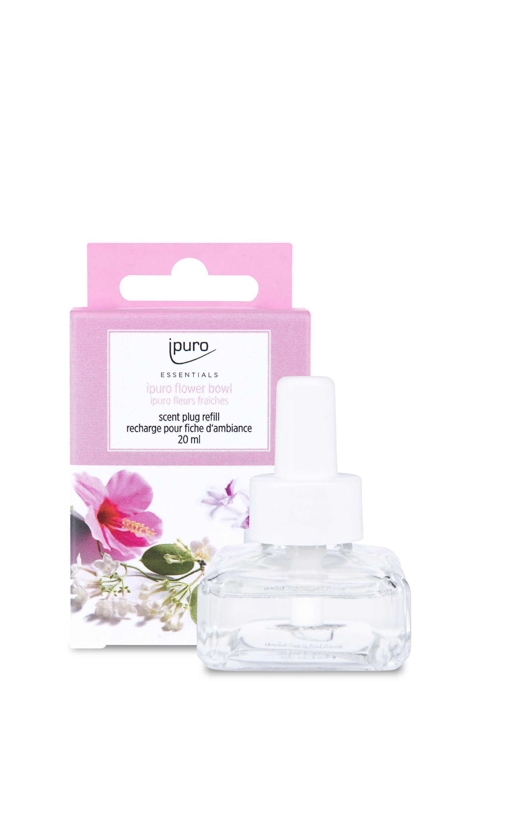 Eine durchsichtige ESSENTIALS ipuro Blumenschale Scent Plug Refill von ipuro steht vor ihrer rosa-weißen Blumenverpackung, auf der die blumige Note in Englisch und Französisch steht.