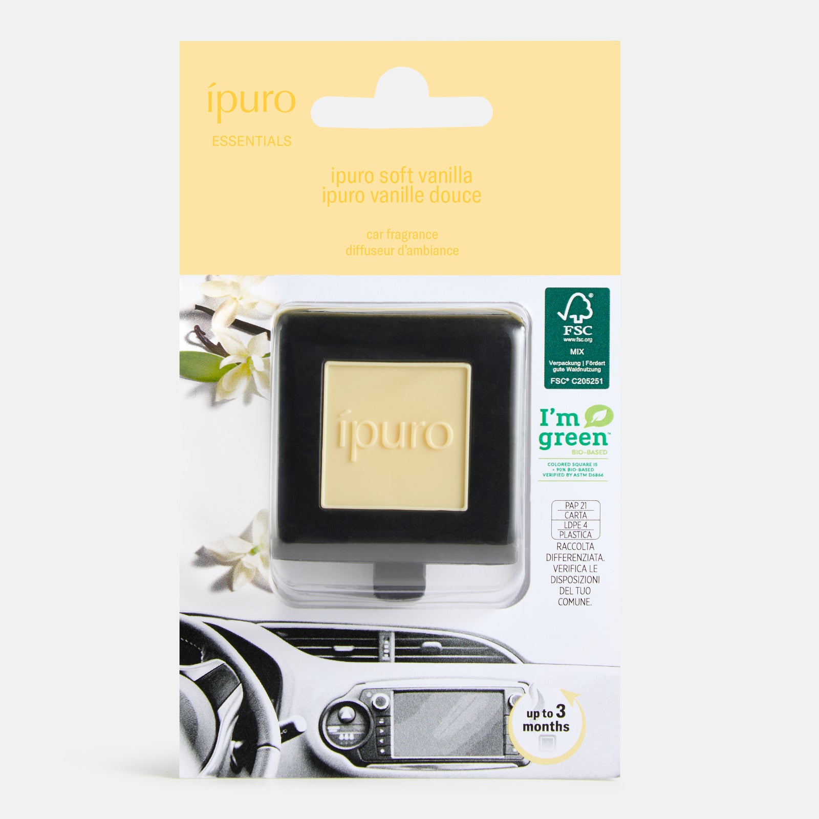 Der ipuro Autoduft soft vanilla car diffuser zeichnet sich durch zarte Vanillenoten, florale Grafiken, umweltfreundliche Etiketten und ein Bild auf dem Armaturenbrett aus. Er ist bis zu 3 Monate haltbar.