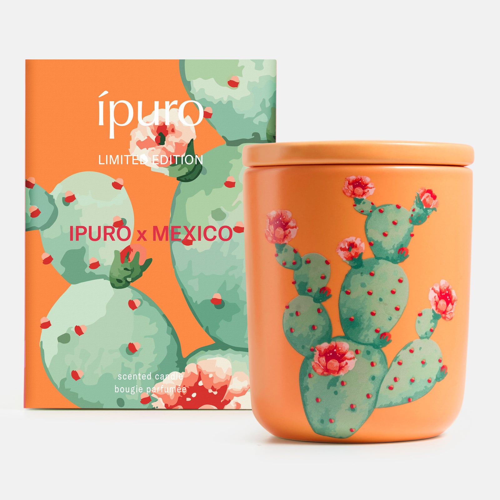 Die Duftkerze ipuro x Mexico 270g von ipuro besteht aus einer orangefarbenen Duftkerze im Glas und einer passenden Dose mit grünen Kakteen und Kaktusfeige. Auf der Verpackung steht "ipuro LIMITED EDITION IPURO x MEXICO", was an den einzigartigen Mandarine-Duft Mexiko erinnert.