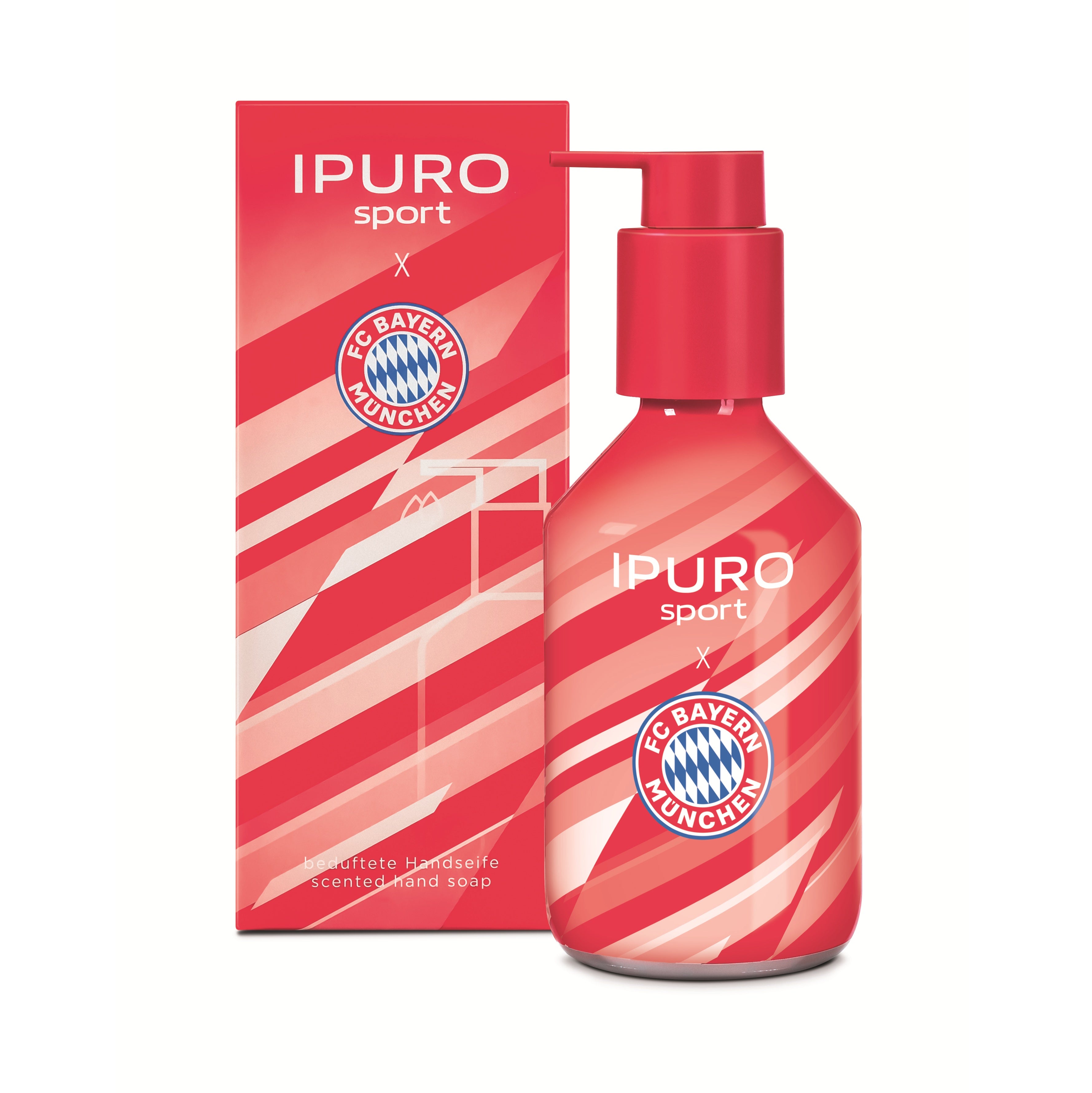Eine rot-weiß gestreifte Flasche Ipuro Sport Dufthandseife mit Pumpe, auf der das Logo des FC Bayern München abgebildet ist, steht vor einer passenden Schachtel mit dem gleichen Design und Logo.