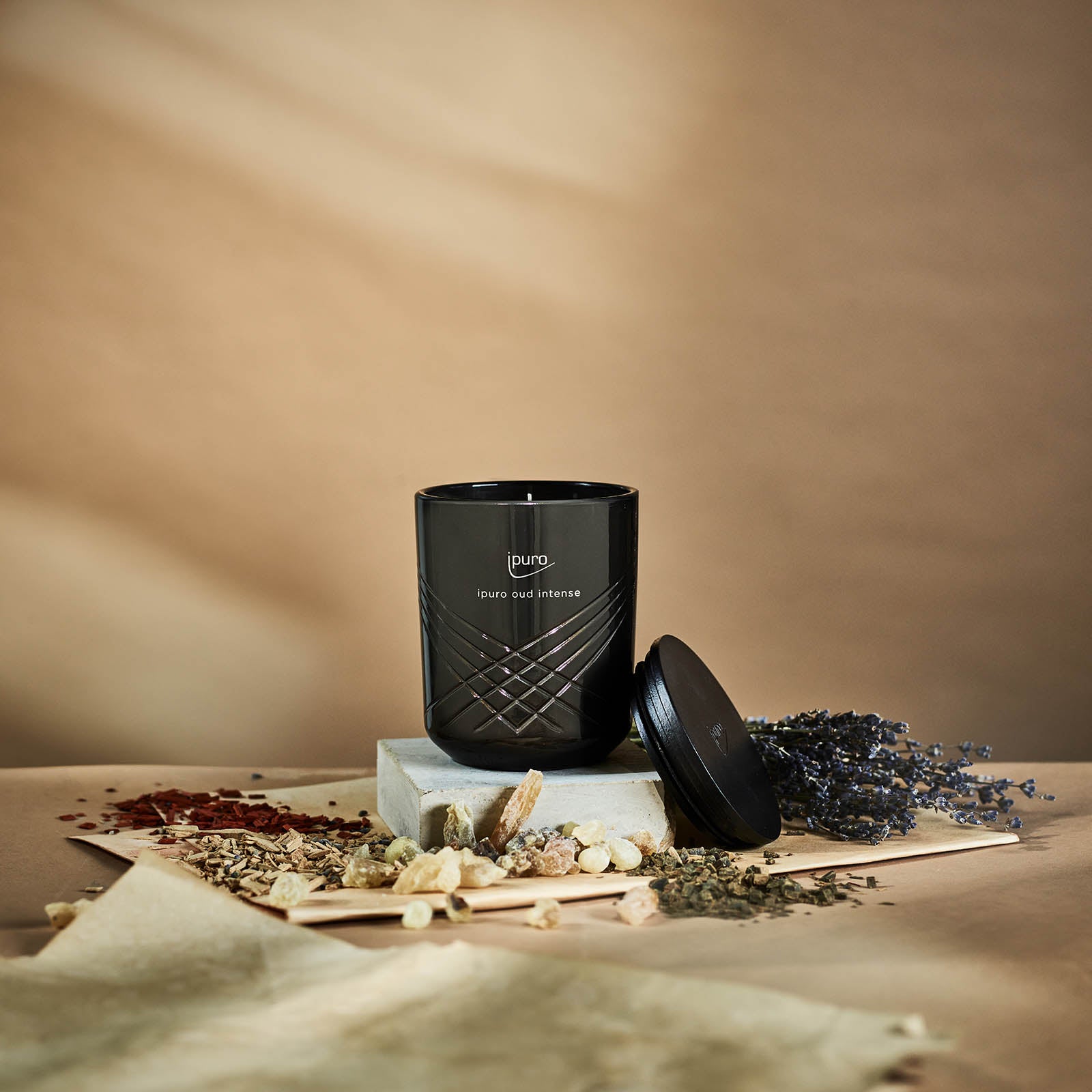 Die EXCLUSIVE ipuro oud intense Duftkerze von ipuro, ein schwarzes Kerzengefäß mit Deckel, steht auf einem kleinen Podest zwischen getrockneten Kräutern, Lavendel und Gewürzen. Warme Noten von Oud und Safran verleihen dem neutralen Hintergrund eine elegante Note.