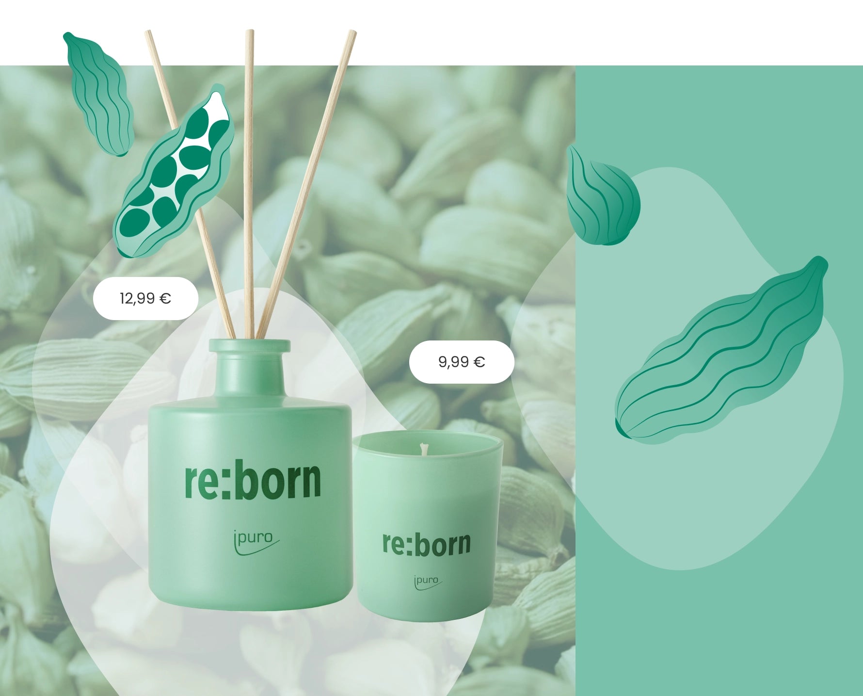 Grüner re:born ipuro Diffusor und Kerze mit Holzstäben, vor einem Hintergrund aus Kardamomschoten und grünen Illustrationen. Die Preisschilder zeigen 12,99 € für den Diffusor und 9,99 € für die Kerze.