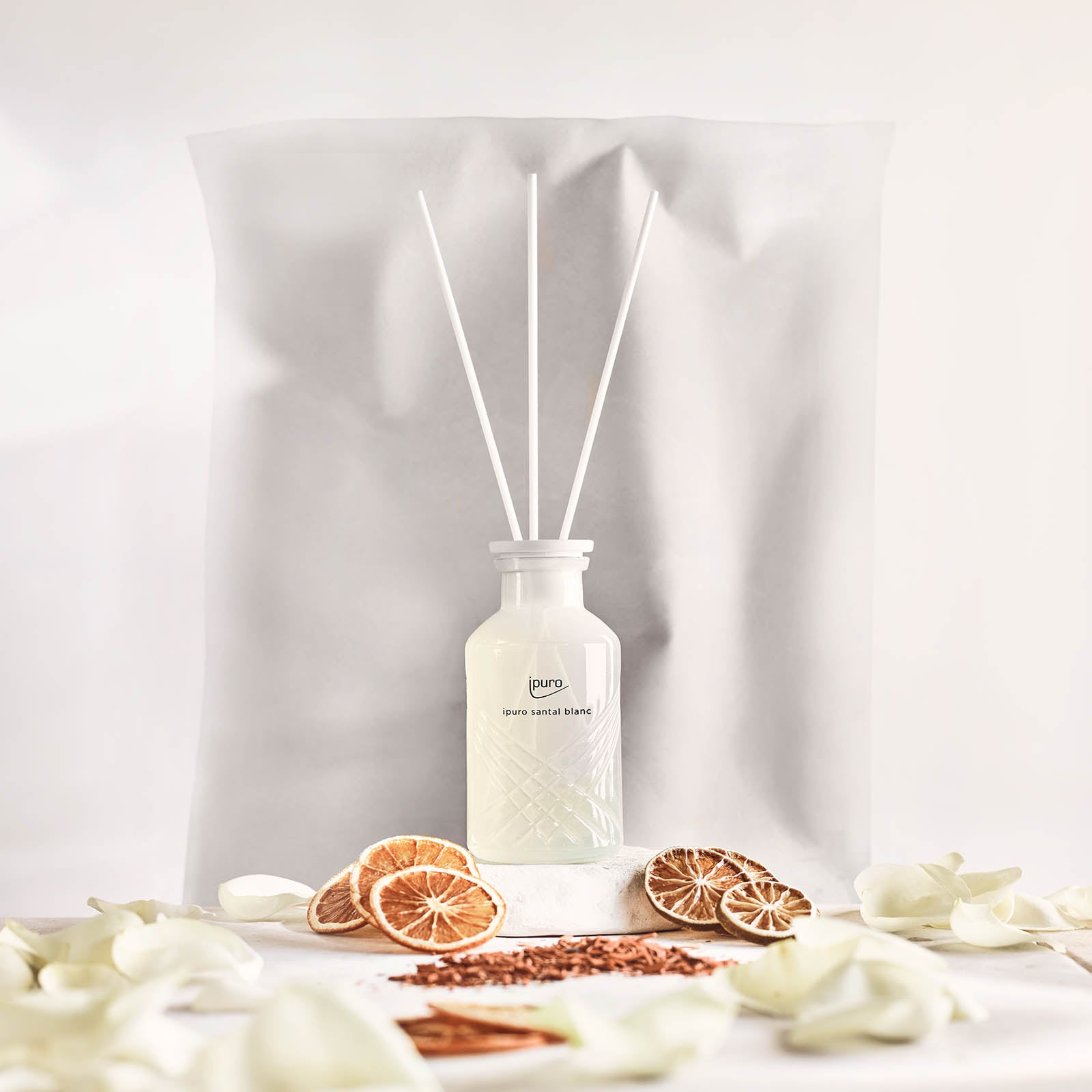 Eine aufrechte, klare ipuro santal blanc Raumduftflasche mit vier weißen Stäbchen ist ausgestellt, umgeben von getrockneten Zitrusscheiben, weißen Orchideenblättern und weißen Blütenblättern vor einem weichen, hellen Hintergrund.