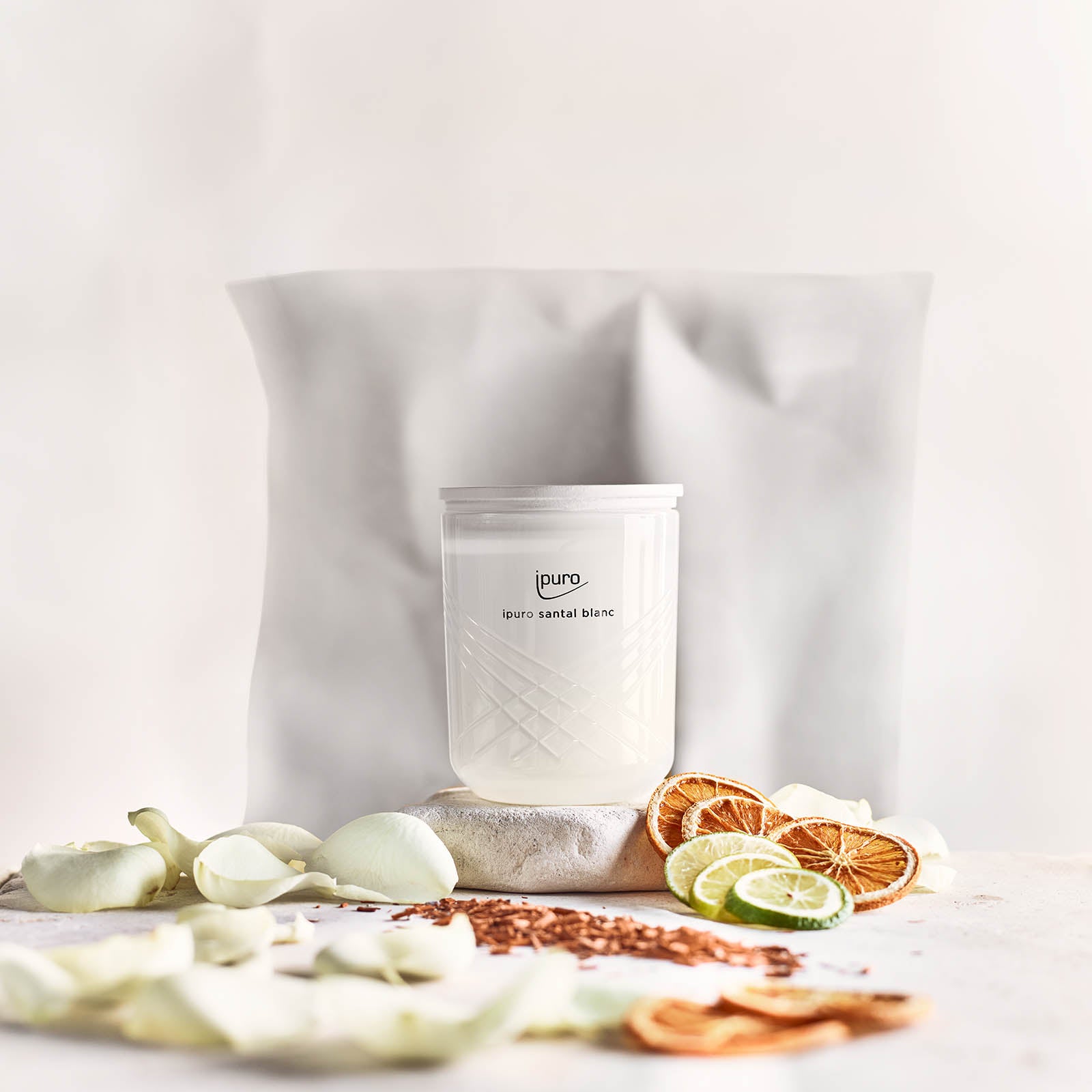 Die EXCLUSIVE ipuro santal blanc Duftkerze von ipuro liegt auf einer Steinplatte, umgeben von getrockneten Zitrusfruchtscheiben und Blütenblättern. Mit Noten von Sandelholz und weißer Orchidee schafft er ein heiteres Ambiente vor einem sanften Hintergrund.