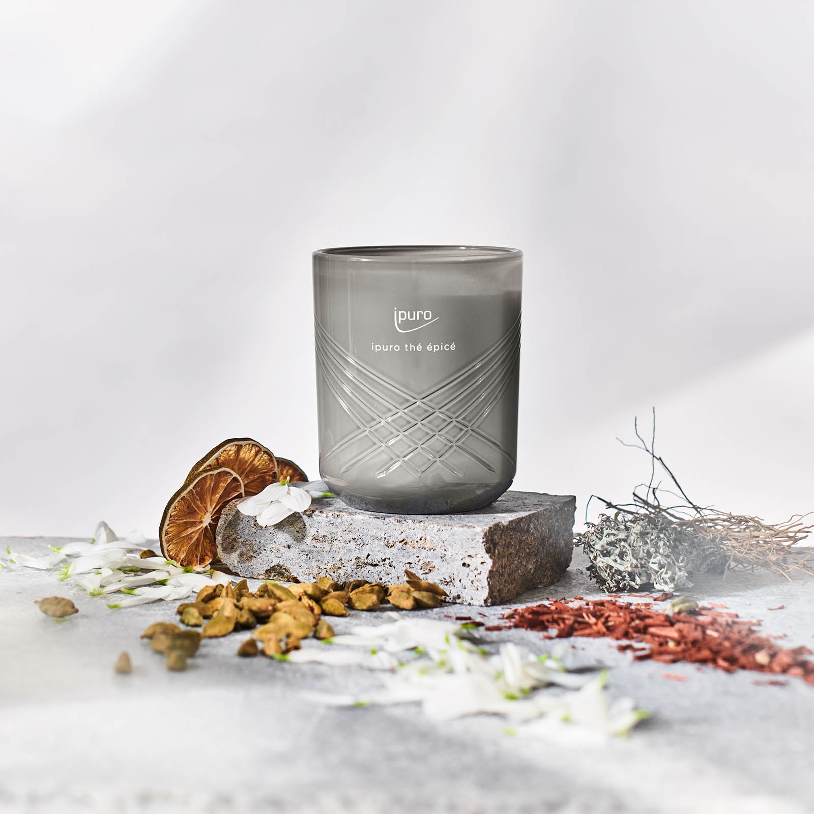 Die EXCLUSIVE ipuro thé epicé Duftkerze von ipuro in einem grauen Glastopf ruht auf einer Steinplatte inmitten von getrockneten Zitrusfrüchten, Jasminblüten, Rinde, Blättern und Zweigen vor einem nebligen Hintergrund.