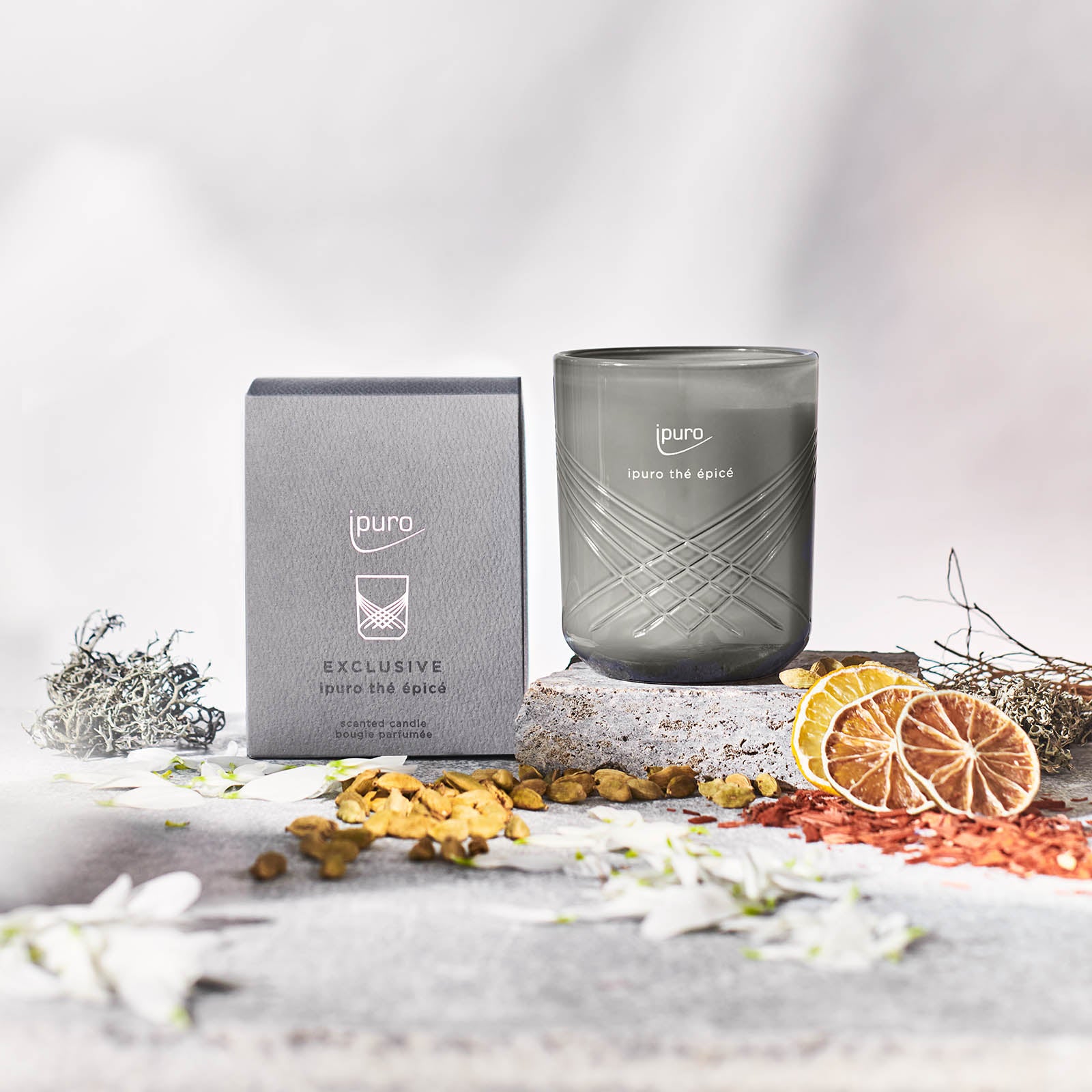 Die EXCLUSIVE ipuro thé epicé Duftkerze von ipuro, in Grau, steht neben der passenden Box auf Stein, umgeben von getrockneten Zitrusscheiben und Botanicals für eine elegante, sanft beleuchtete Präsentation.