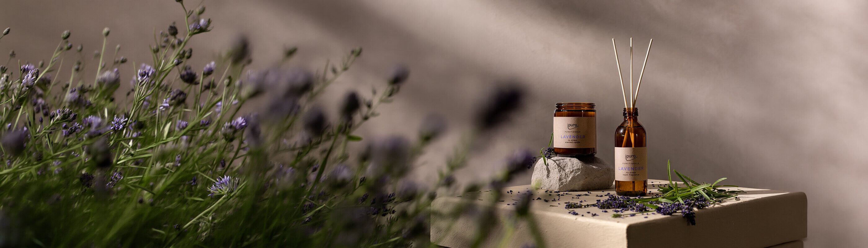 Eine gläserne Diffusorflasche mit Schilfrohrstäbchen, zwei Zitronen und ein Glas stehen auf einem runden weißen Tisch im Freien mit einem Korbsessel und Grünzeug im Hintergrund.