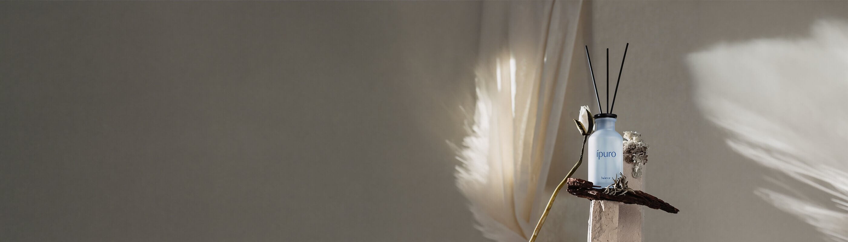 Ein weißer Glasduftzerstäuber mit der Aufschrift ipuro und vier Schilfrohrstäbchen steht auf einem Tisch, umgeben von üppigen Grünpflanzen in einem sanft beleuchteten Innenraum.