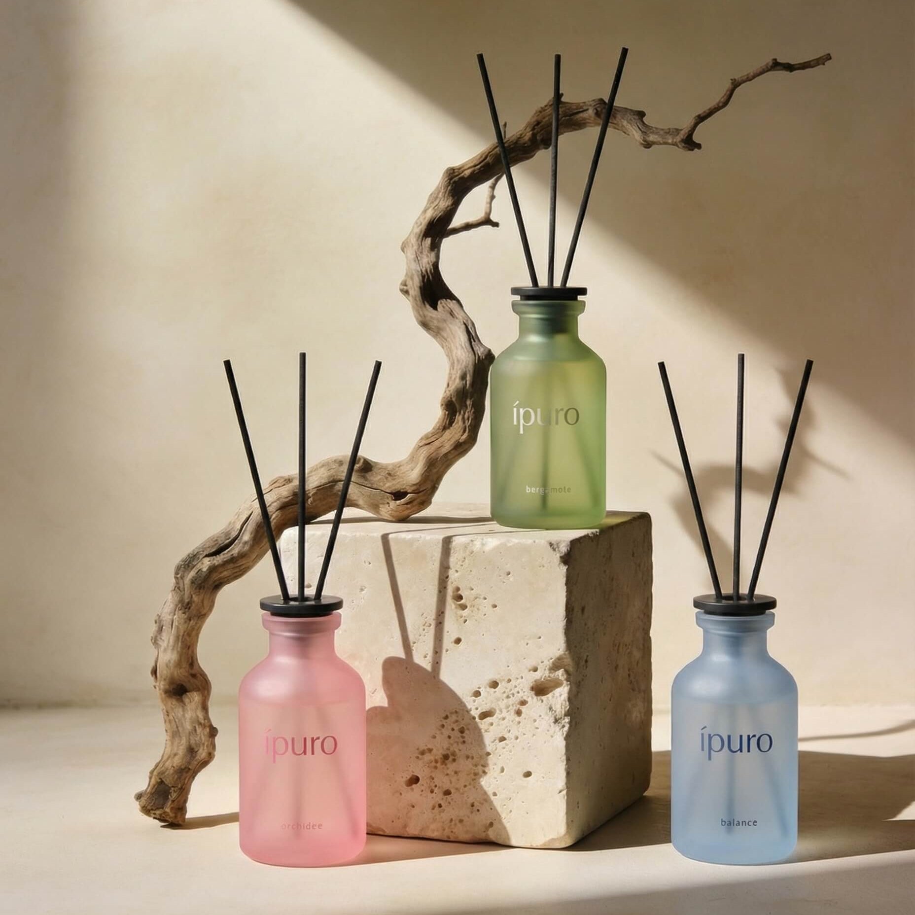 Drei Diffusorflaschen aus Milchglas in den Farben Rosa, Grün und Blau aus dem ipuro-Frühjahrspaket werden mit schwarzem Schilf auf einem Steinblock und einem gedrehten Zweig vor einer neutralen Wand präsentiert. Erleben Sie klassische Düfte in diesem eleganten Set.