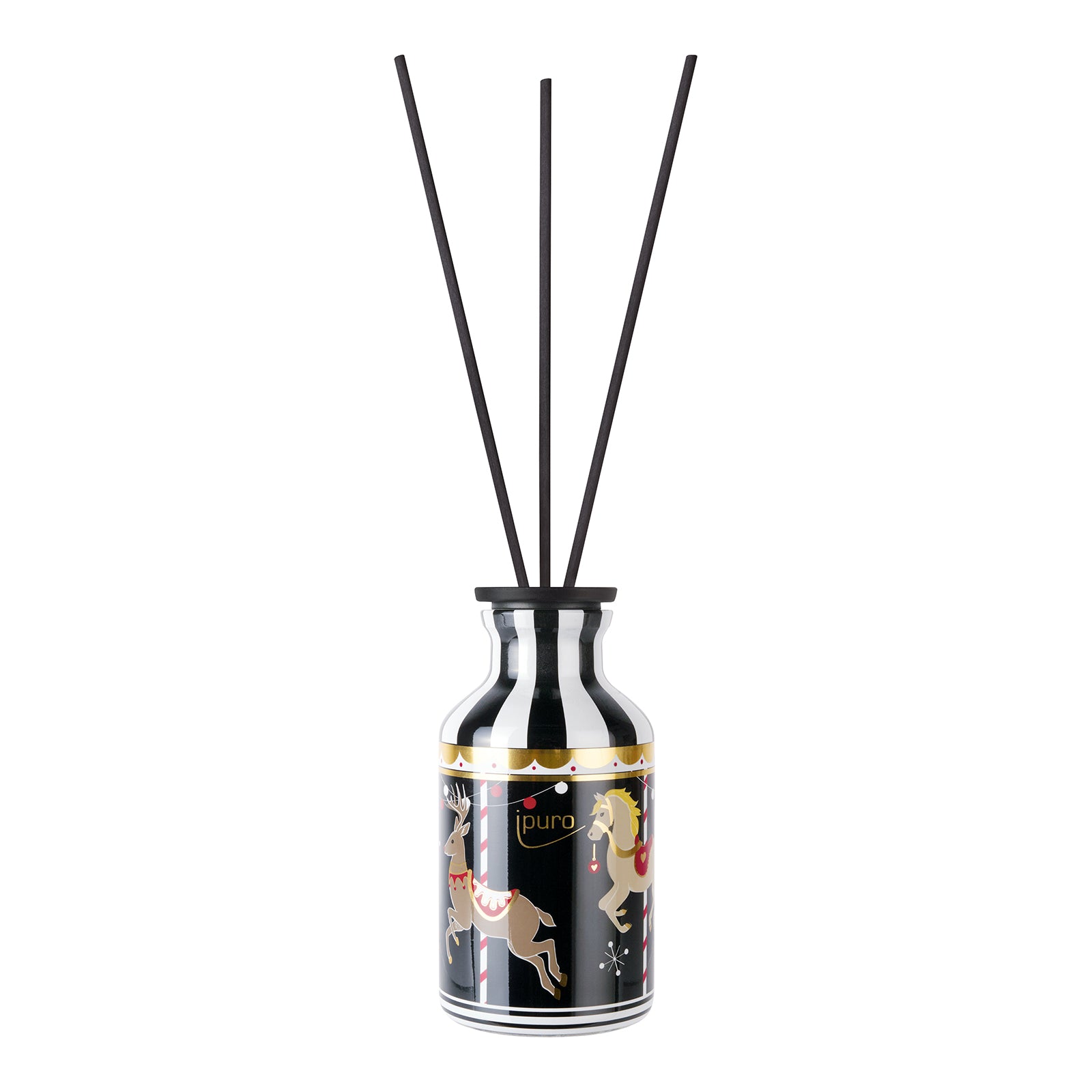Die LIMITED EDITION ipuro magical market Raumduft von ipuro besteht aus einer schwarz-weiß gestreiften Flasche mit Karussellpferdemotiven, drei langen schwarzen Schilfrohren und erfüllt Ihren Raum mit dem zauberhaften Weihnachtsmarktduft.